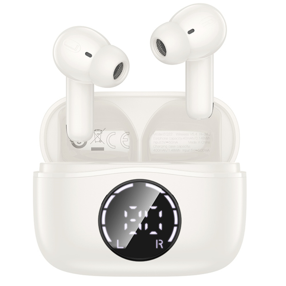 Auriculares inalámbricos blancos en un estuche de carga. El estuche tiene una pantalla digital que muestra un número.