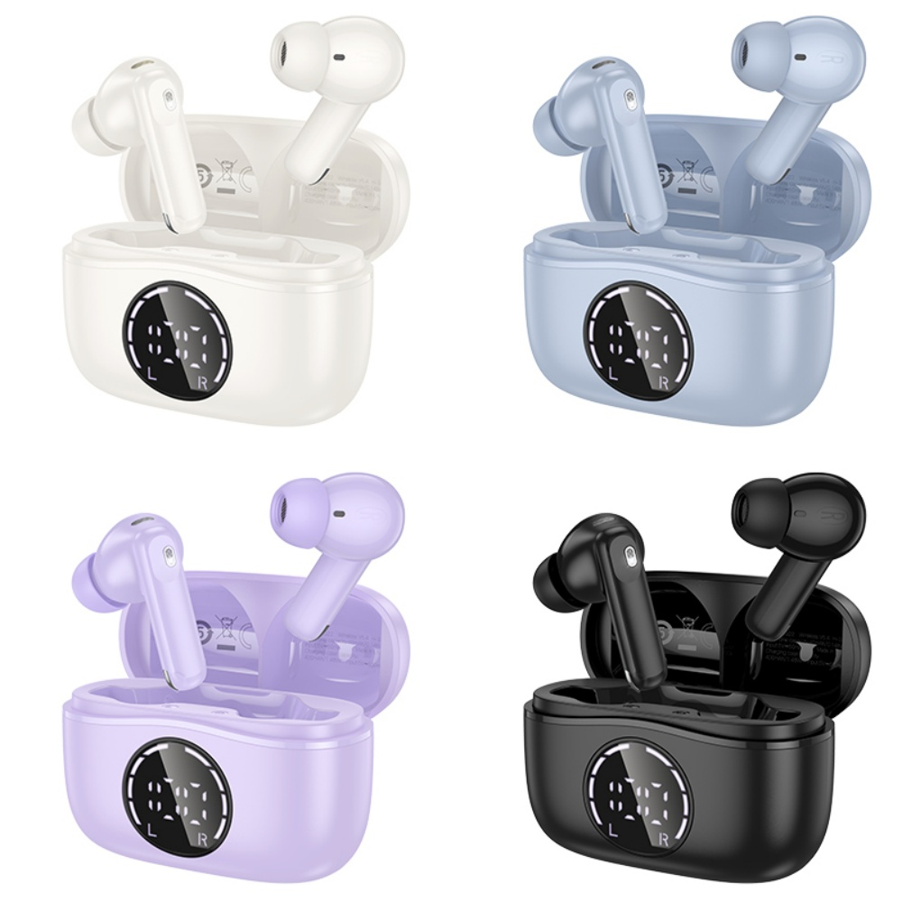 Cuatro juegos de auriculares inalámbricos en blanco, azul, morado y negro. Cada juego tiene un estuche de carga con pantalla digital.