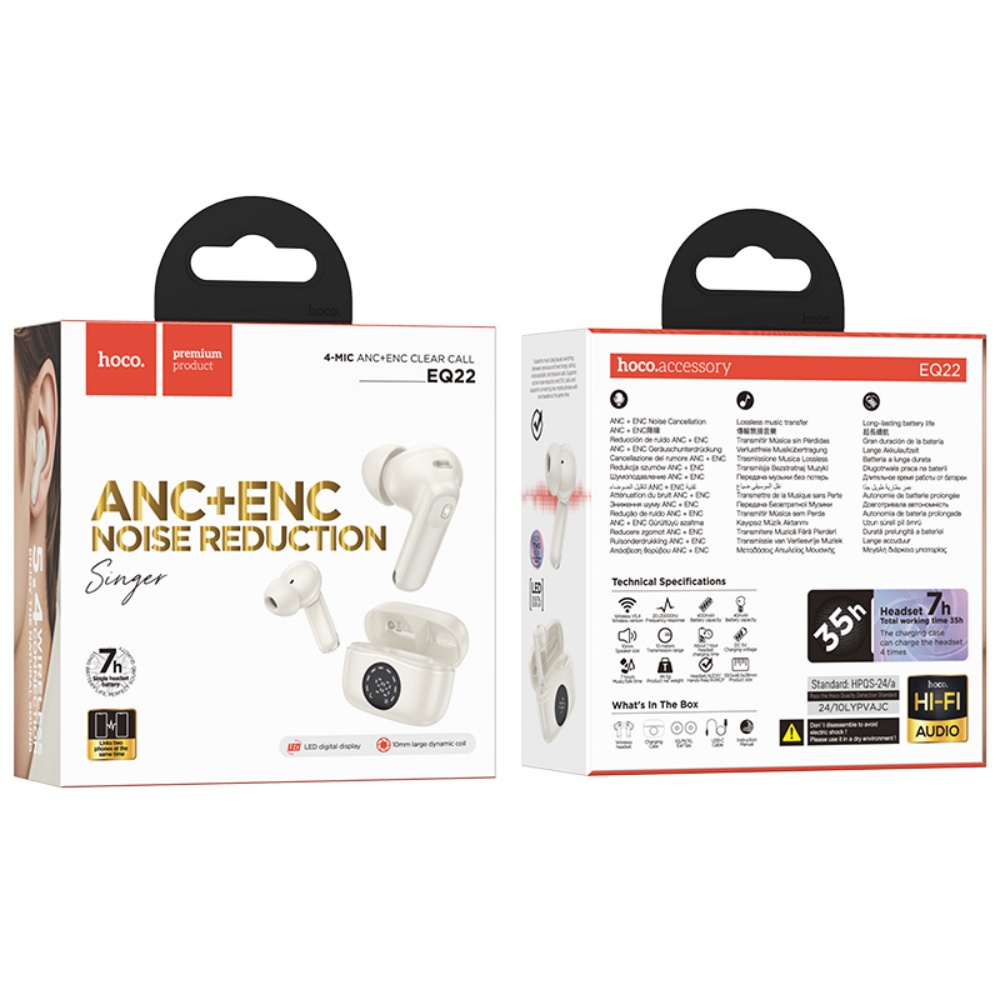 Auriculares blancos hoco EQ22 en una caja. El texto dice ANC+ENC Noise Reduction. Detalles y especificaciones en la caja.