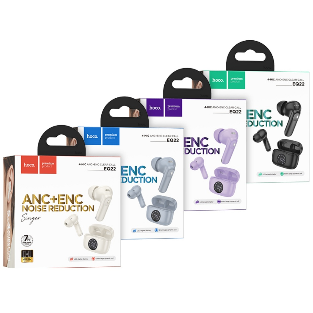 Cajas de auriculares en varios colores: blanco, gris, morado y negro. Cada caja muestra los auriculares y su estuche de carga.