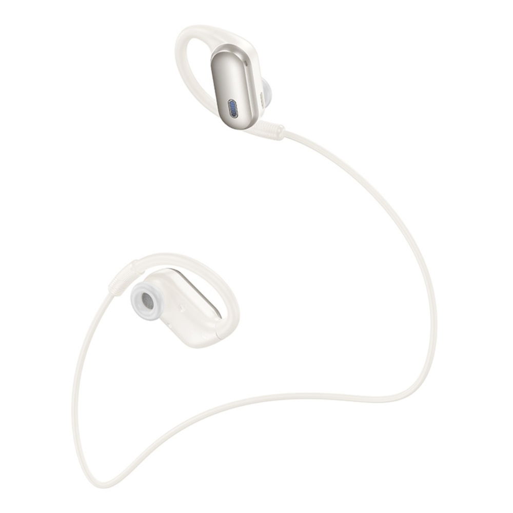 Auriculares inalámbricos blancos y plateados. Los auriculares tienen un diseño de gancho para la oreja con un cable de conexión. Sobre fondo blanco.