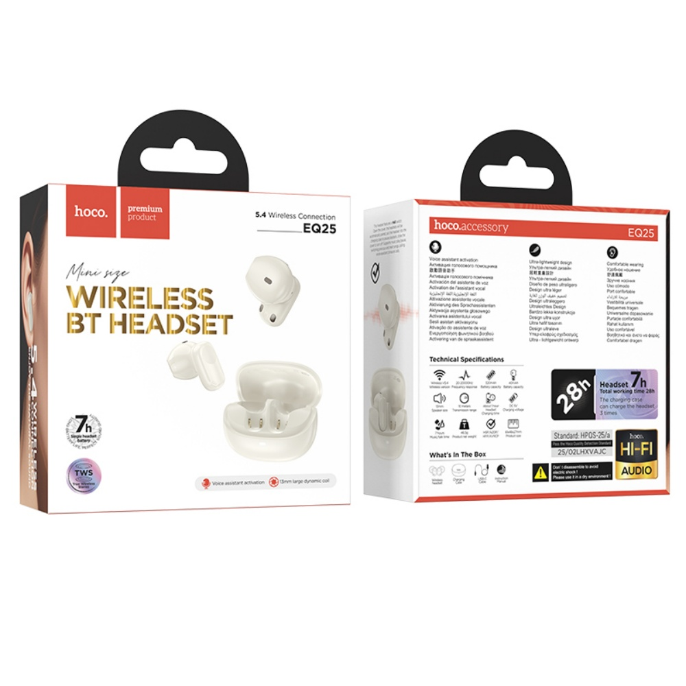 Dos cajas con auriculares, etiquetadas como 'Wireless BT HEADSET'. Los auriculares son blancos, con asa negra arriba.
