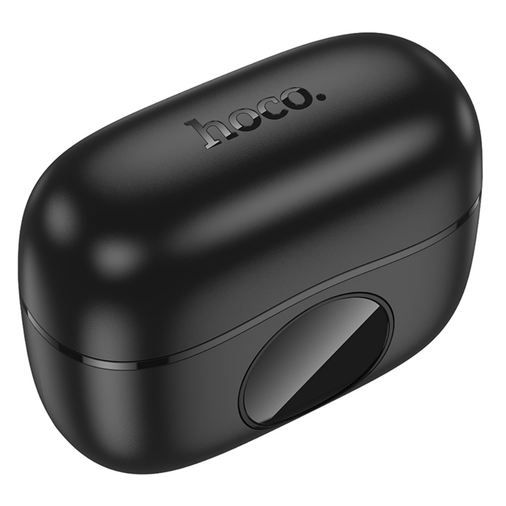 Funda de auriculares negra. La funda es de forma ovalada con un acabado brillante y la palabra 'hoco.' impresa. Tiene un agujero.
