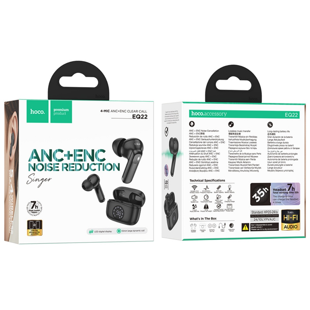 Una caja de auriculares negros con un estuche de carga. La caja dice ANC+ENC Noise Reduction.