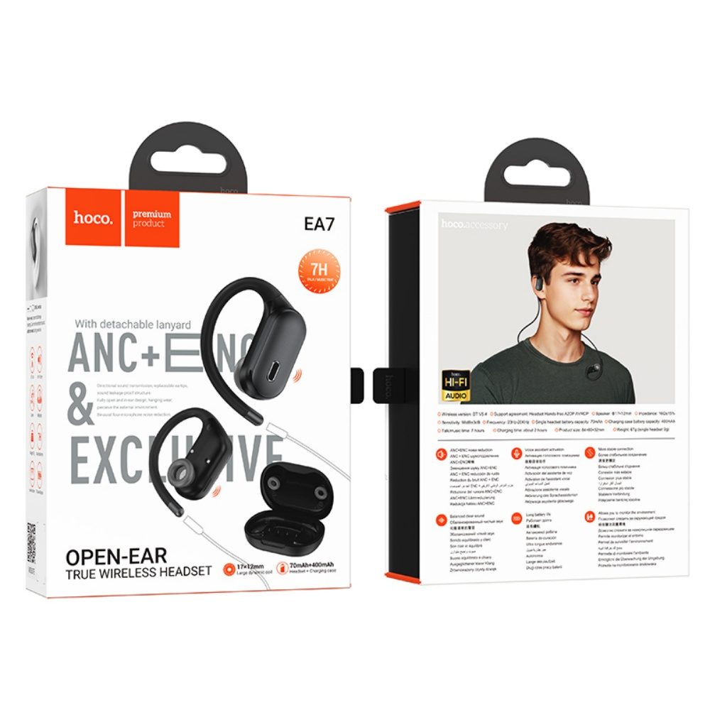 Dos cajas de auriculares inalámbricos hoco EA7. Una muestra el producto y la otra un hombre que los lleva puestos.