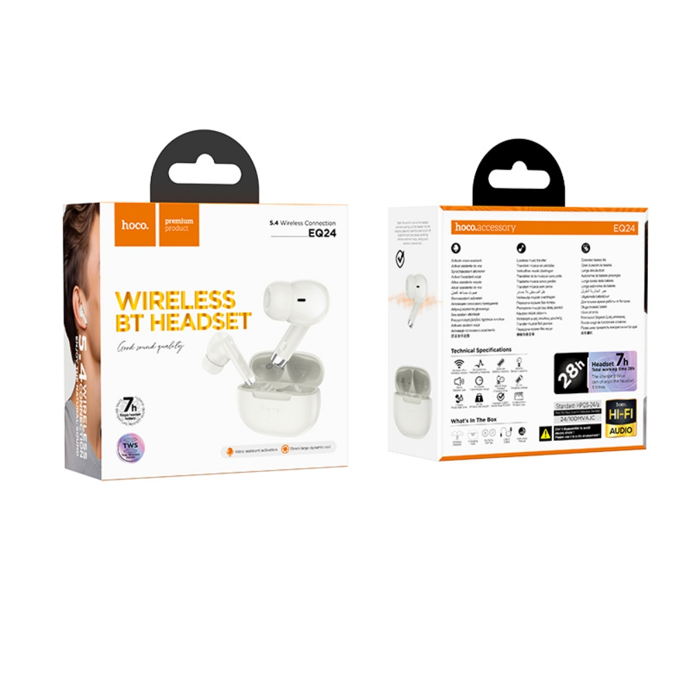 Due scatole con auricolari wireless bianchi. Le scatole hanno testo e immagini, tra cui il marchio hoco e le specifiche del prodotto.