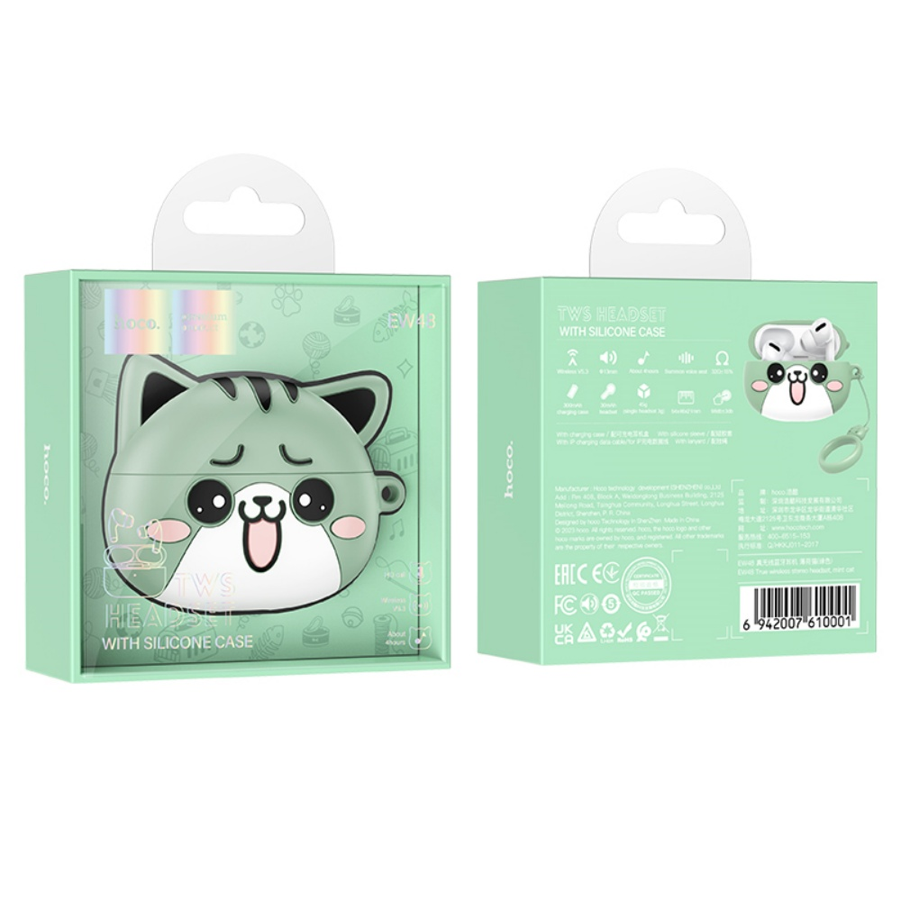 Una caja verde menta con un estuche para auriculares con forma de gato. La caja dice 'TWS HEADSET WITH SILICONE CASE'.