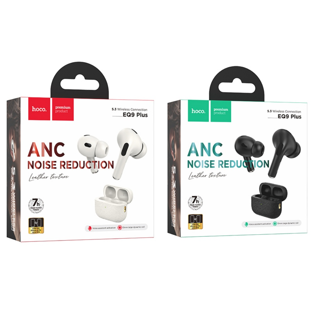 Dos cajas de auriculares Hoco EQ9 Plus. Uno blanco, uno negro. Cada caja muestra los auriculares y su estuche de carga.