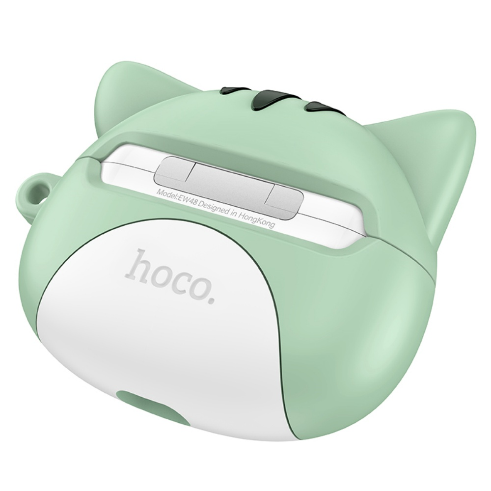 Una funda para auriculares con forma de gato verde menta con frontal blanco. La marca 'hoco.' está en el frente. Tiene una bisagra metálica.