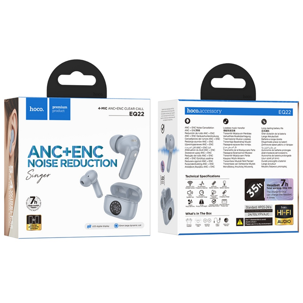 Caja de auriculares con detalles del producto: reducción de ruido ANC+ENC, 35h de tiempo total de trabajo y audio Hi-Fi.