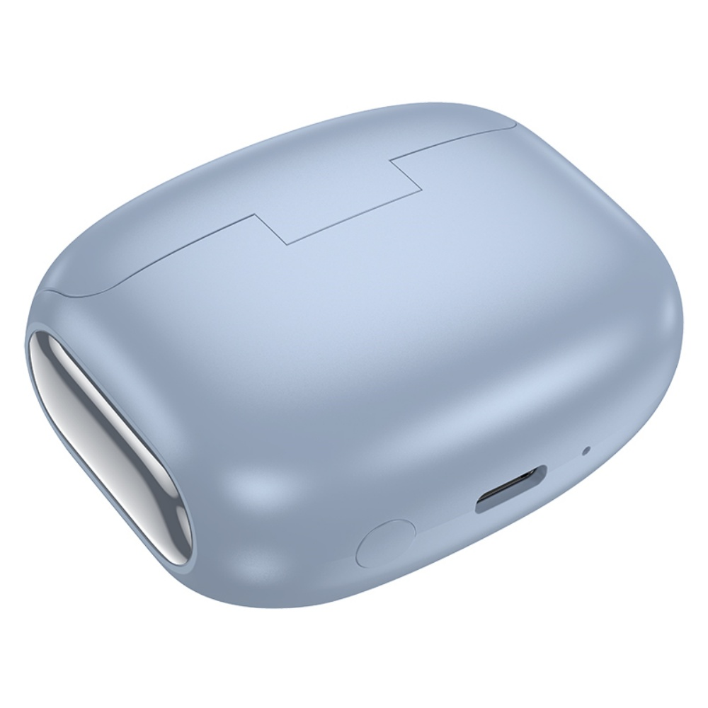 Ein hellblaues, abgerundetes, rechteckiges Gehäuse mit einer silber ausgekleideten Öffnung und einem USB-C-Anschluss.