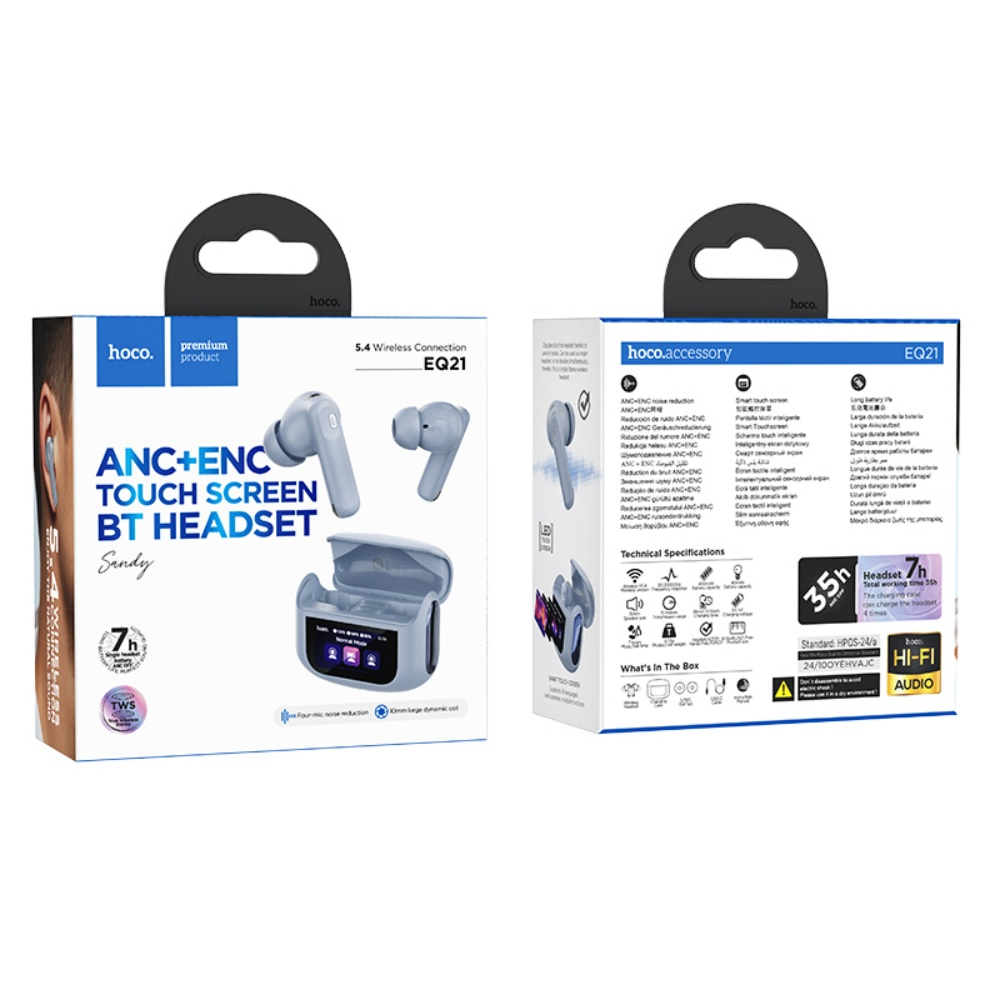 Zwei Schachteln mit kabellosen Hoco EQ21-Ohrhörern. Eine zeigt das Produkt und die andere Spezifikationen. Text enthält 'ANC+ENC', 'BT HEADSET'.