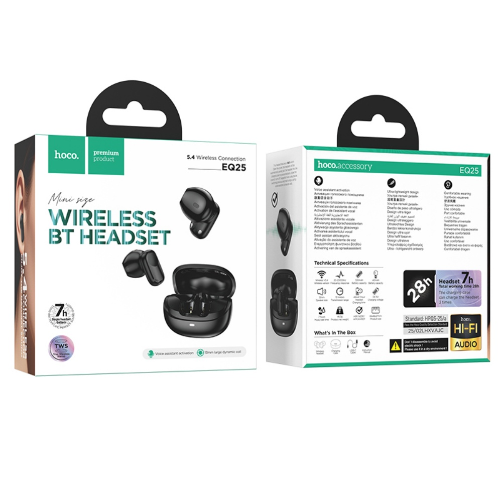 Dos cajas negras con auriculares inalámbricos. Una caja dice 'WIRELESS BT HEADSET'. Los accesorios son visibles.
