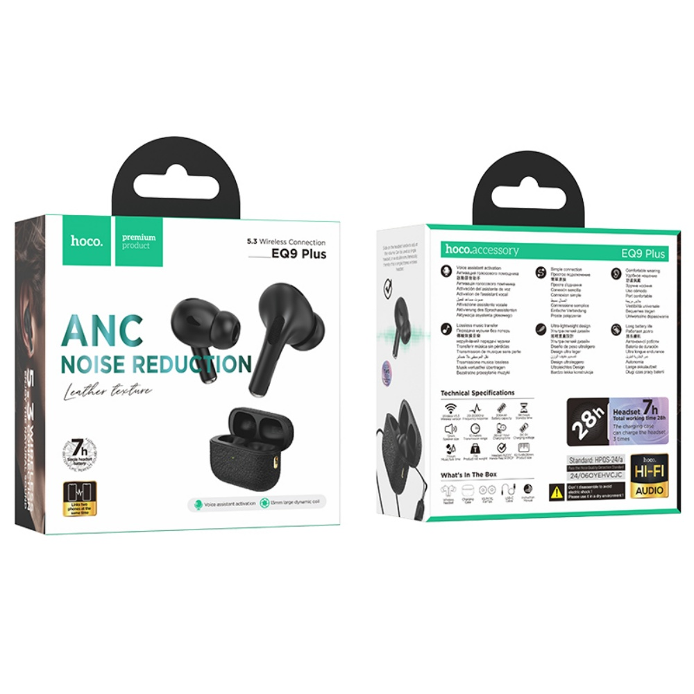 Dos cajas de auriculares negros hoco EQ9 Plus. Una caja muestra auriculares, la otra enumera funciones. El texto incluye ANC, reducción de ruido y 28h.