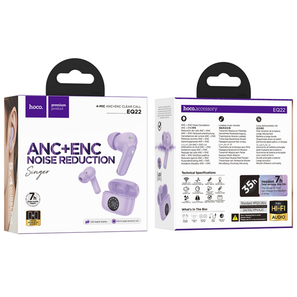 Una caja de auriculares morados hoco EQ22. La caja muestra los auriculares y su estuche de carga.