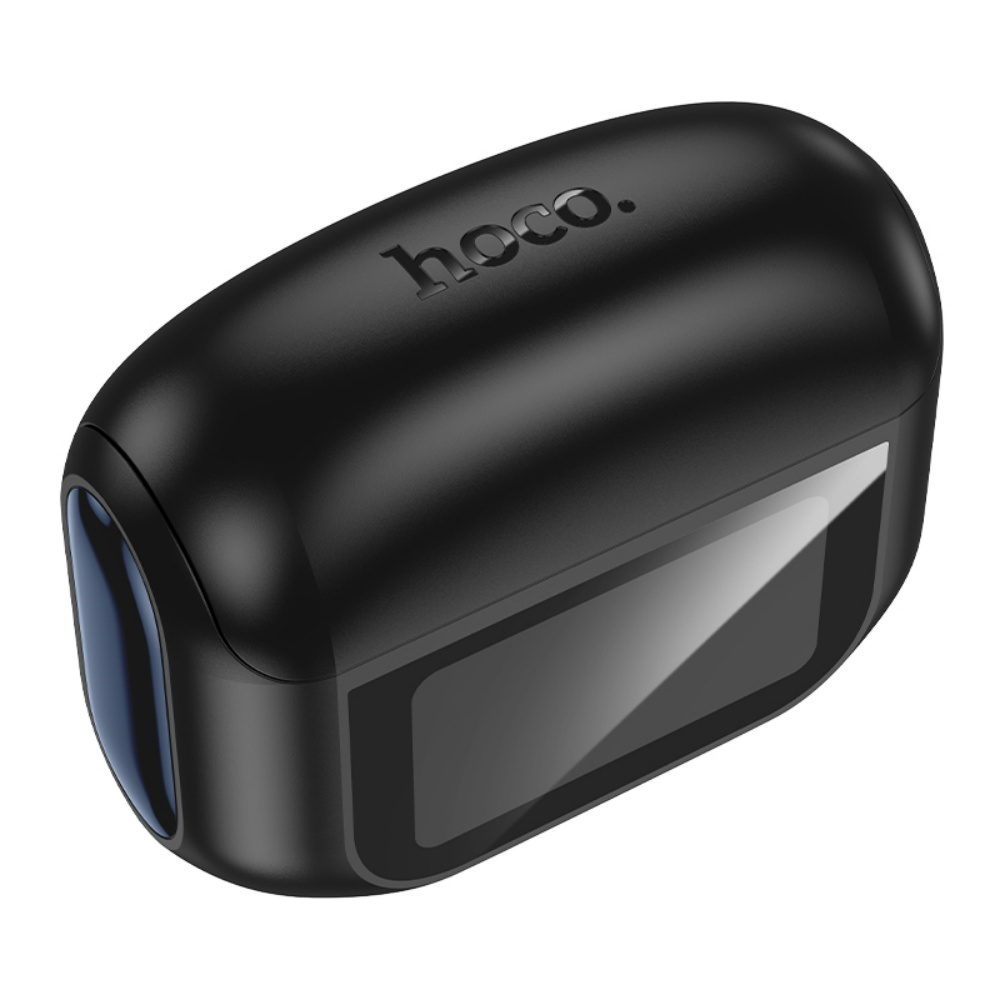 Dispositivo negro, ovalado con la marca 'hoco.'. Tiene una pantalla y una sección teñida de azul en el lateral.