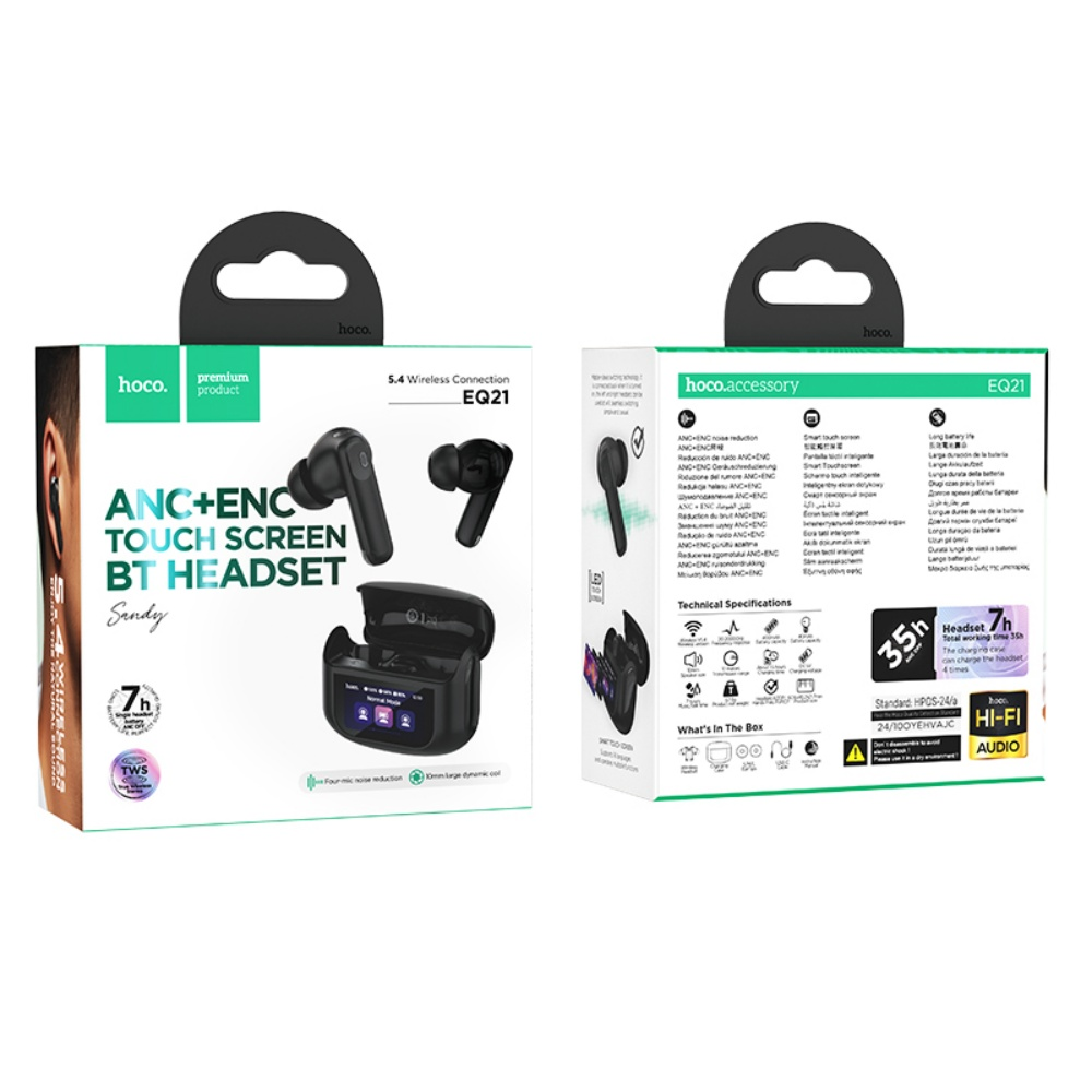 Una caja con auriculares negros, con ANC+ENC, pantalla táctil y 7h de batería. La caja muestra el producto y sus especificaciones.