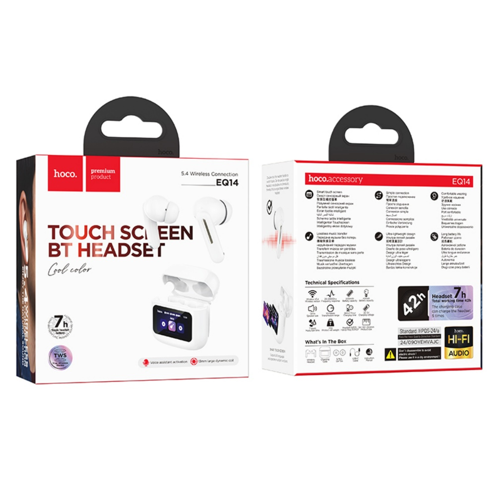 Weiße Hoco EQ14 Bluetooth-Headset-Box. Merkmale sind Touchscreen, coole Farbe und 7h Akkulaufzeit. Die Box hat technische Daten.