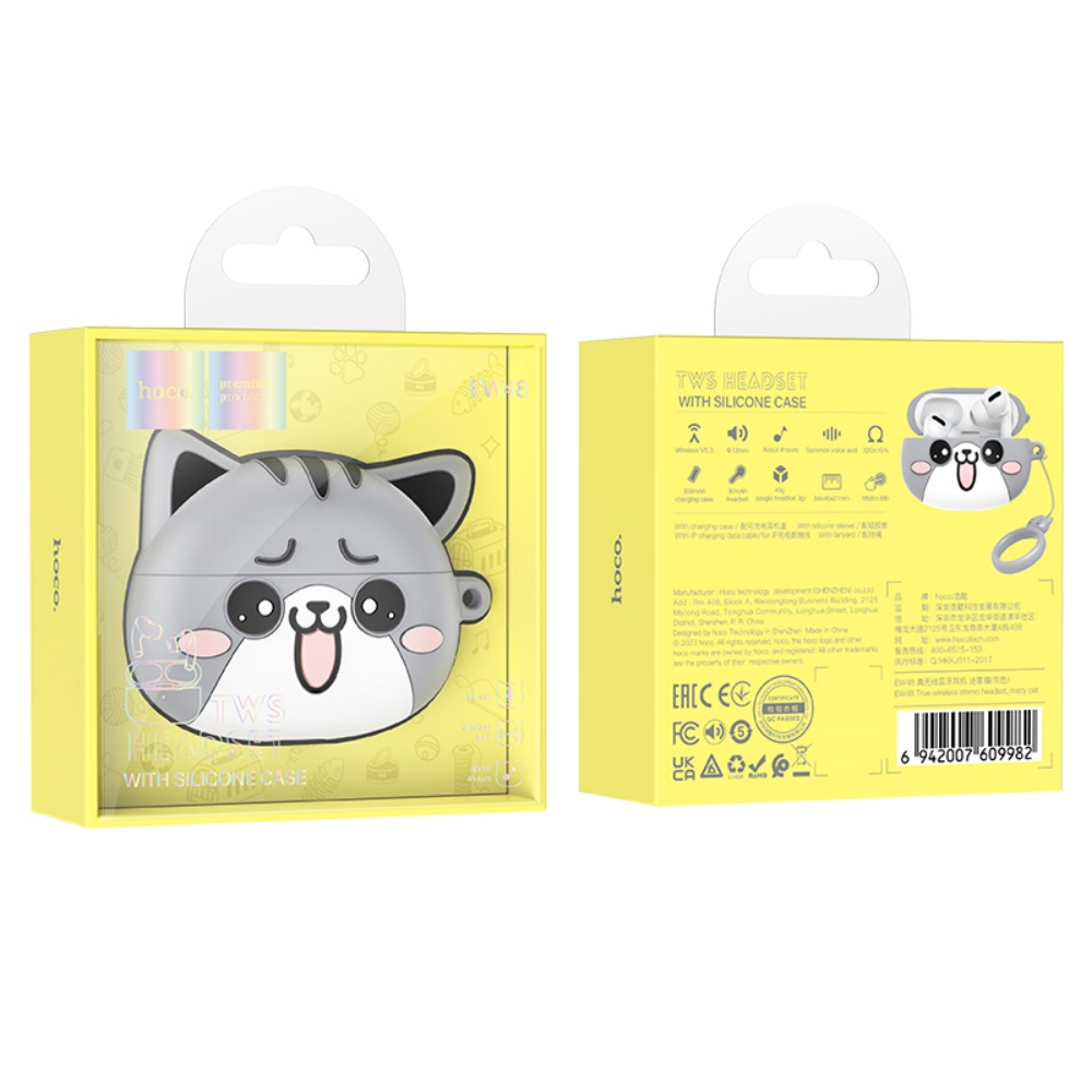 Una caja amarilla con un estuche para auriculares con forma de gato. La caja dice 'Auriculares TWS con funda de silicona'.
