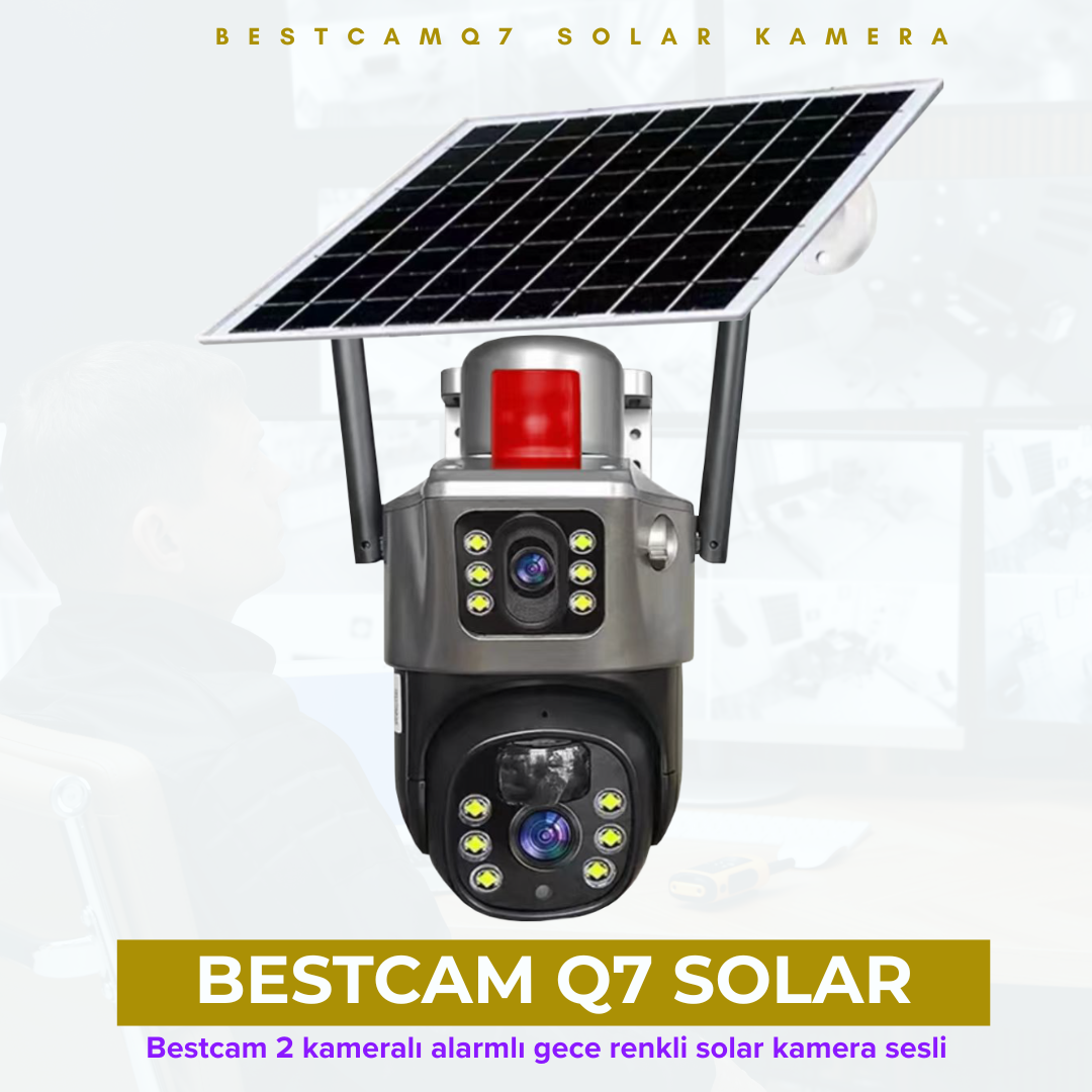 Güneş panelli bir güvenlik kamerası. Alttaki metin BESTCAM Q7 SOLAR yazıyor.