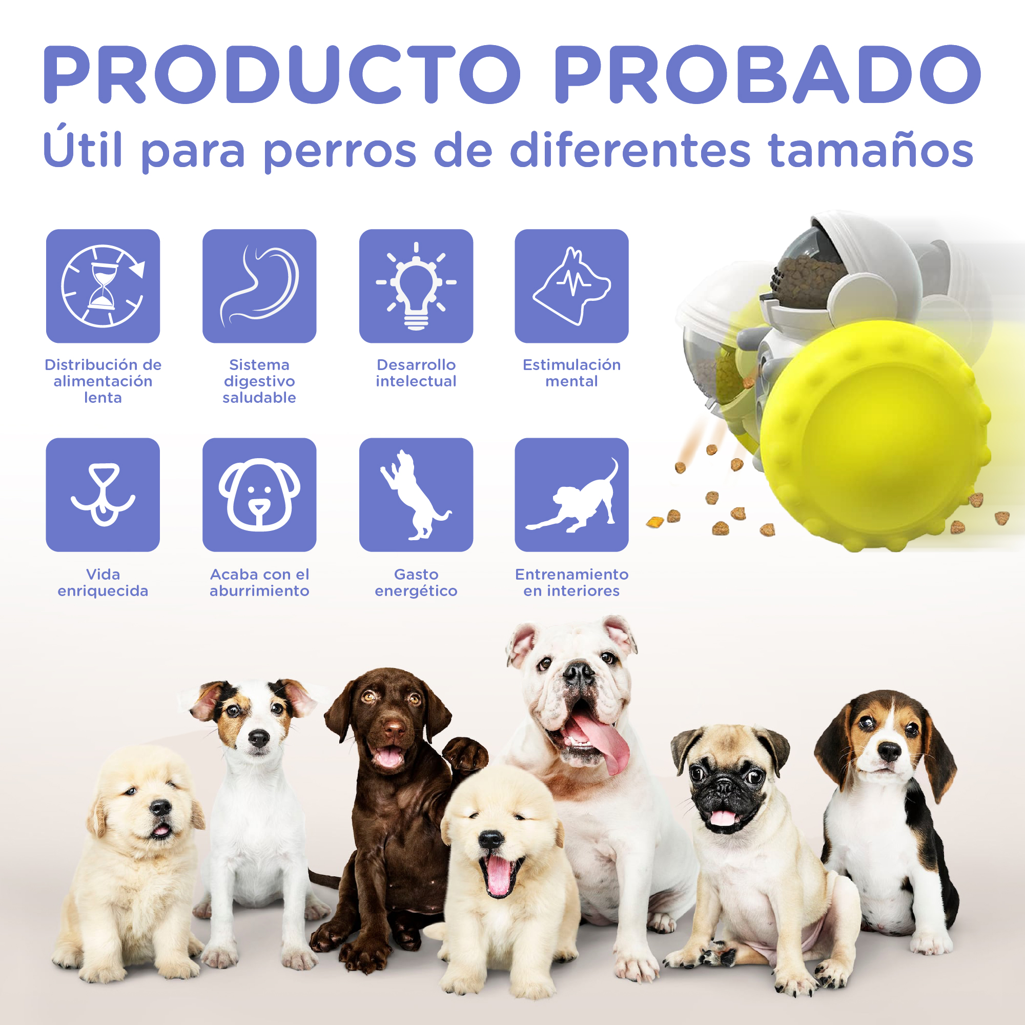 La imagen muestra perros de diferentes razas con iconos de beneficios del producto. Un juguete amarillo está en la esquina superior derecha.
