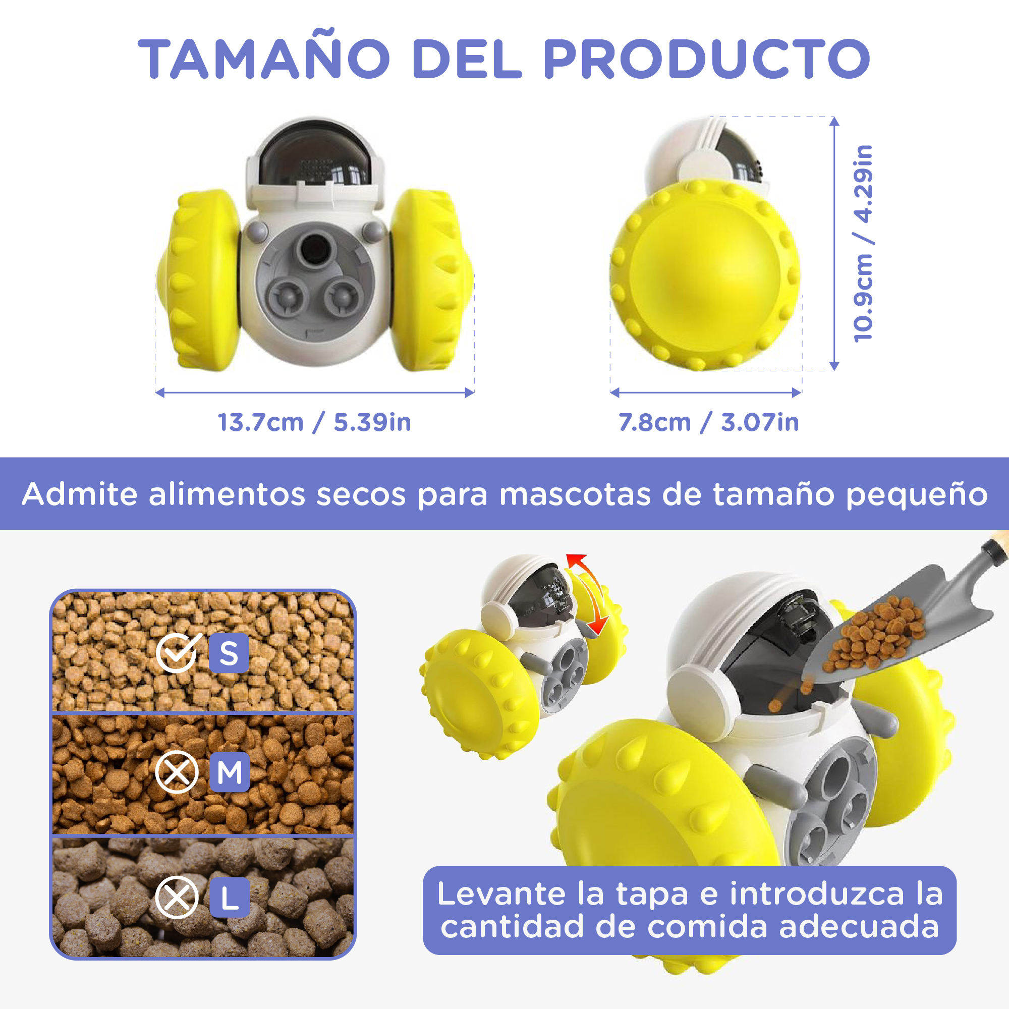 La imagen muestra un juguete blanco para mascotas con ruedas amarillas. El texto describe el tamaño del producto y las instrucciones de alimentación en español.