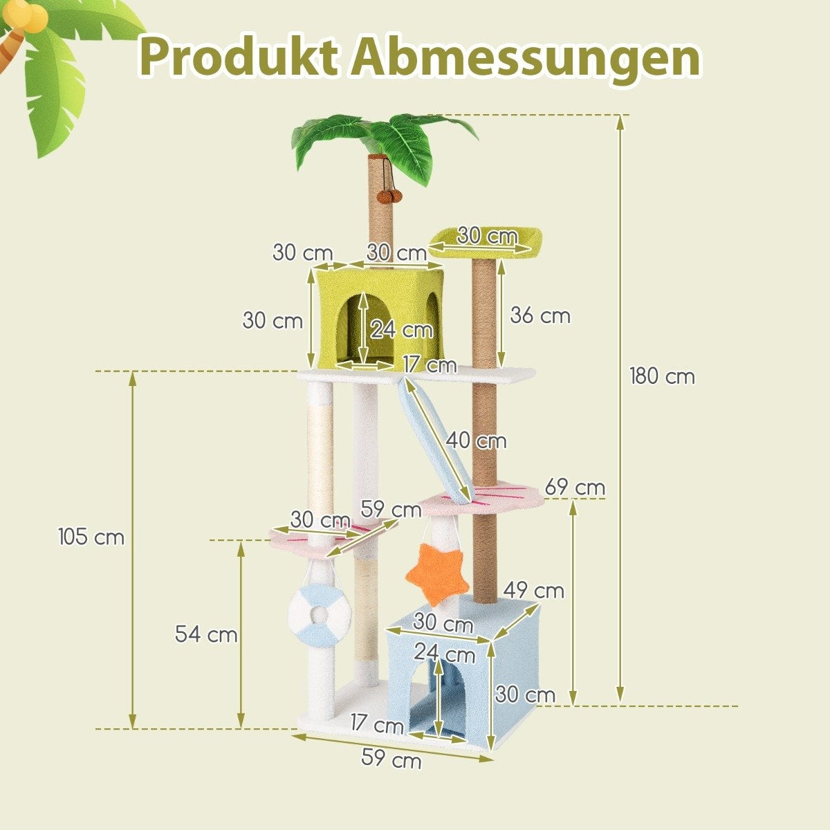 Un árbol para gatos con varios niveles y dimensiones en cm. Tiene postes rascadores, plataformas y una casita.
