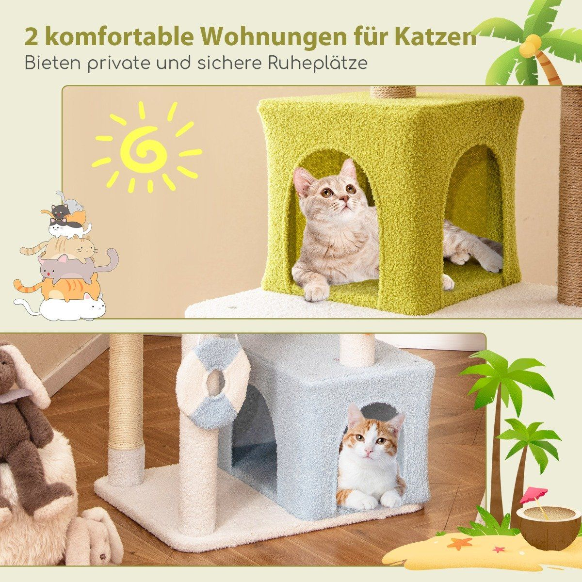 Dos casas para gatos. Una verde, otra azul. Los gatos están dentro. El fondo tiene una ilustración de sol, palmeras y una playa arenosa.