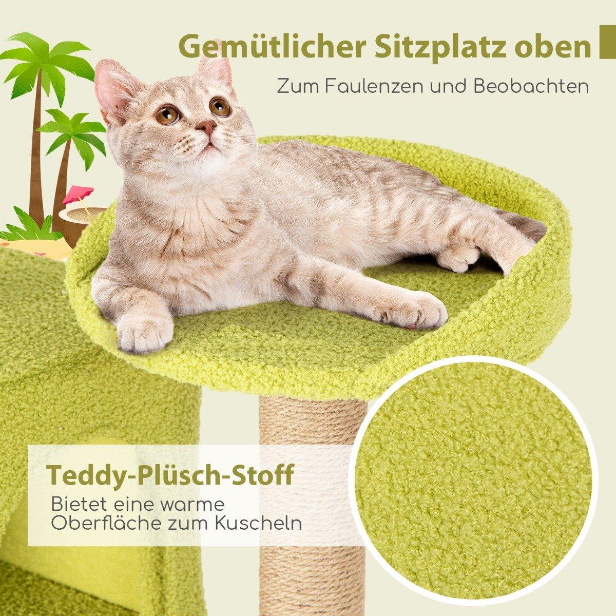 Un gato descansa en un árbol para gatos verde. El árbol tiene una cama de felpa y un poste cubierto de cuerda. Texto: Teddy-Plush-Fabric.