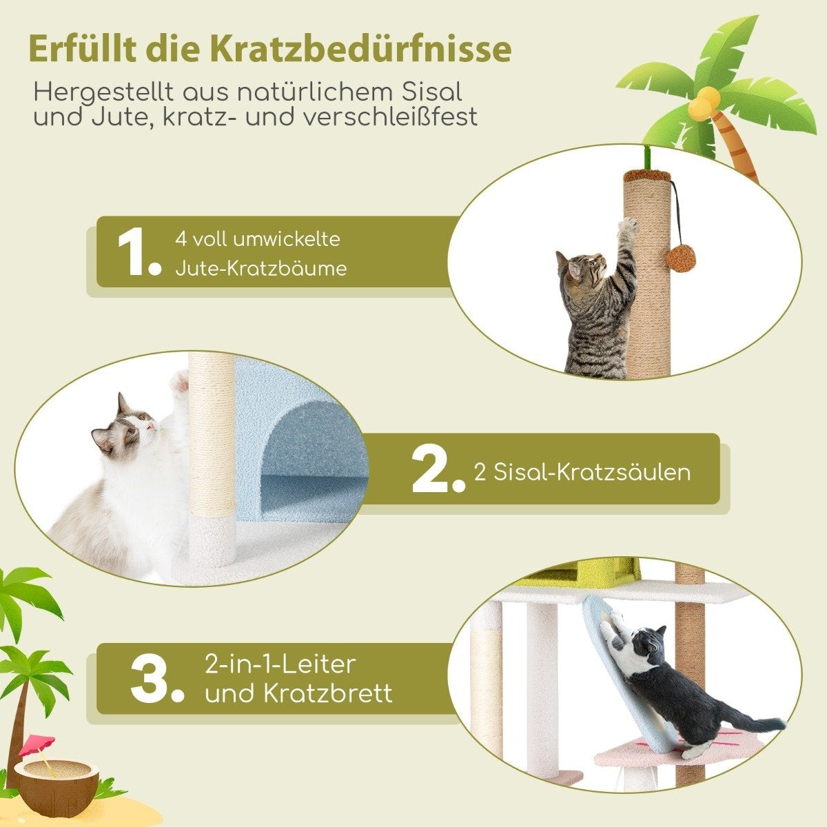 La imagen muestra un rascador para gatos con tres características: postes rascadores de yute, postes rascadores de sisal y una escalera/tabla rascadora.