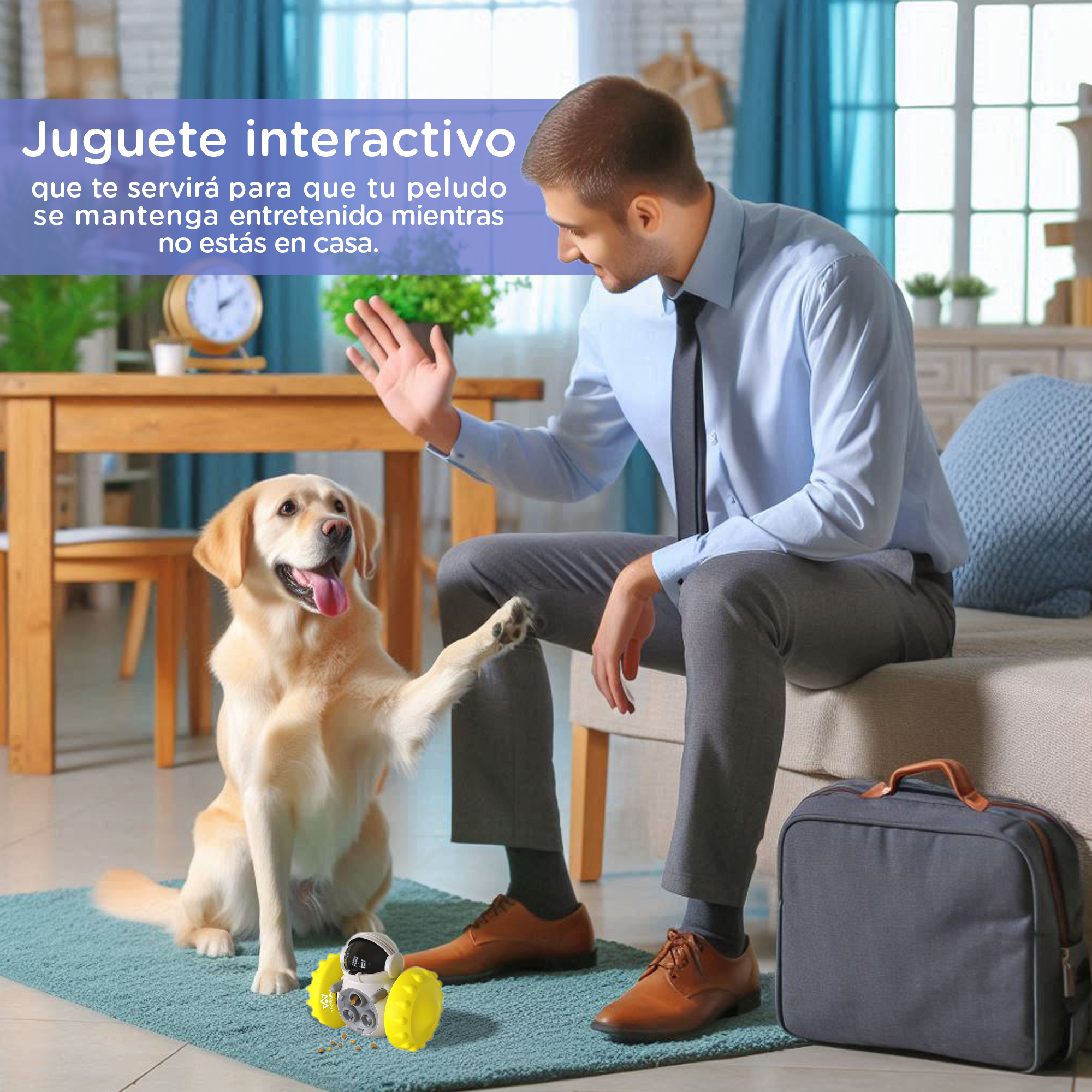 Un hombre y un perro interactúan. El perro da la pata. Un juguete está en la alfombra.