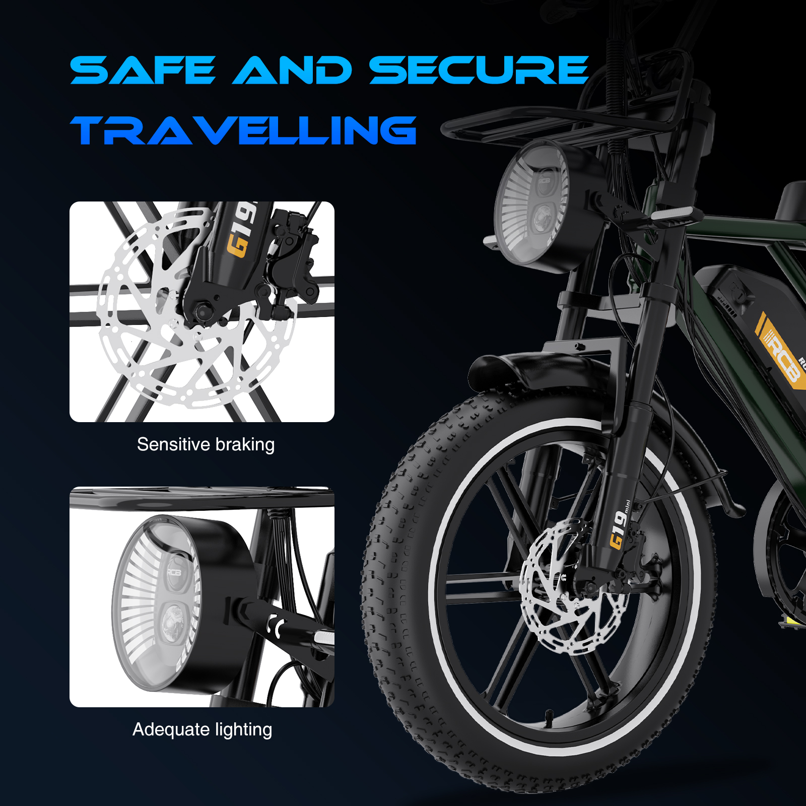 Ein Elektrofahrrad mit dem Text 'SICHERES UND SICHERES REISEN'. Zu den Merkmalen gehören Scheibenbremsen, helle Lichter und ein schwarz-grünes Farbschema.
