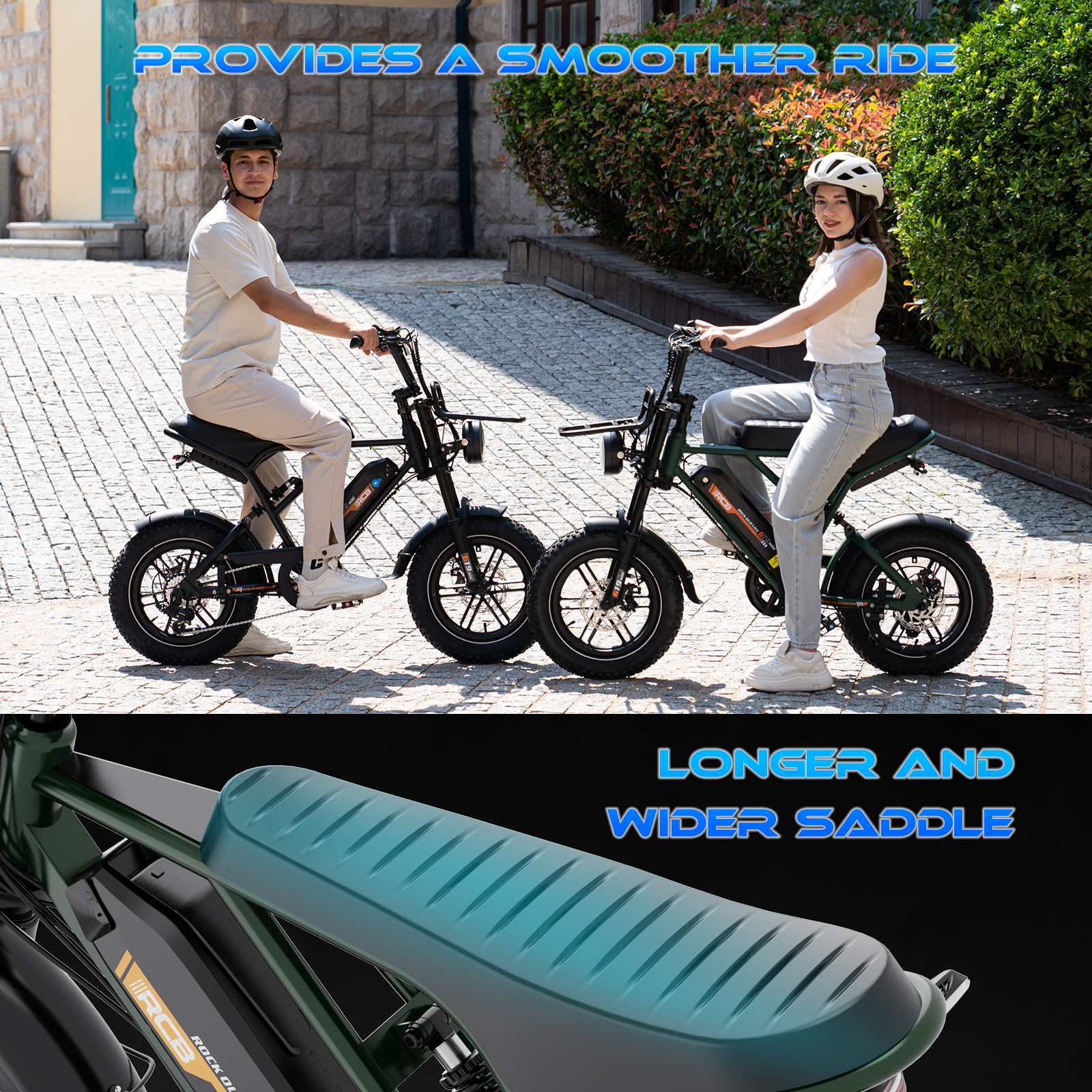 Zwei Personen auf E-Bikes fahren auf einer gepflasterten Fläche. Die Fahrräder sind schwarz mit großen Reifen. Der Text lautet 'Bietet eine ruhigere Fahrt'.