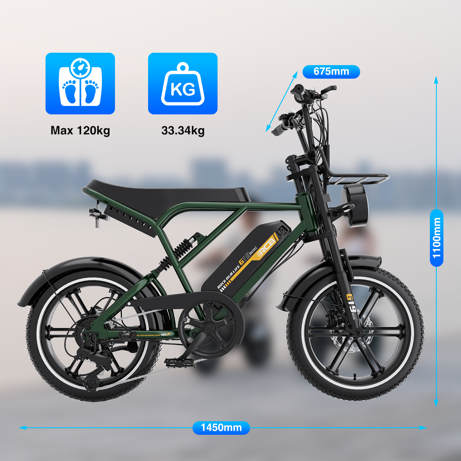 Grünes Elektrofahrrad mit schwarzen Reifen, Sitz und Lenker. Es hat Abmessungen und Gewichtsangaben.