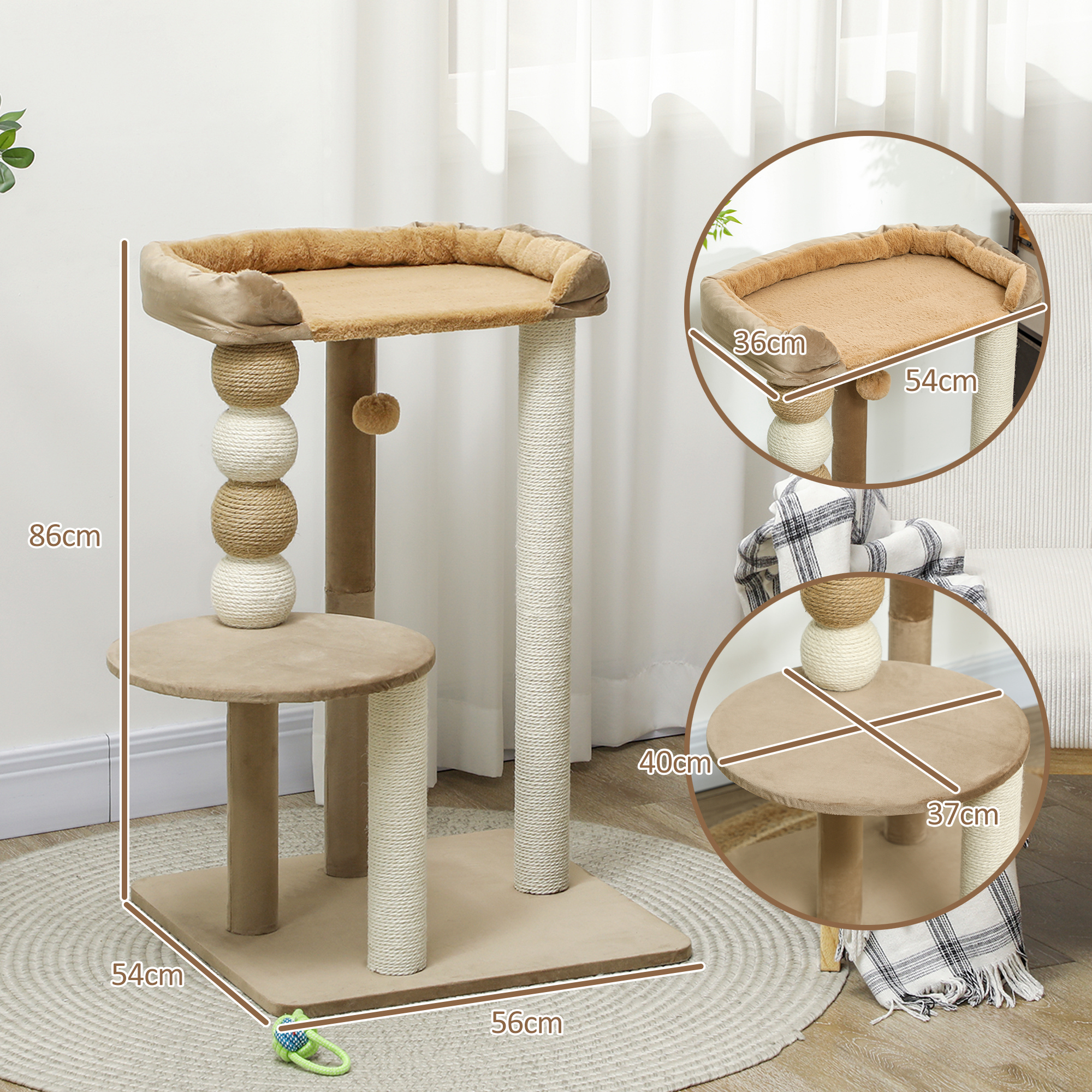 Un árbol para gatos beige con múltiples niveles, postes y una cama. Las dimensiones se indican en la imagen.