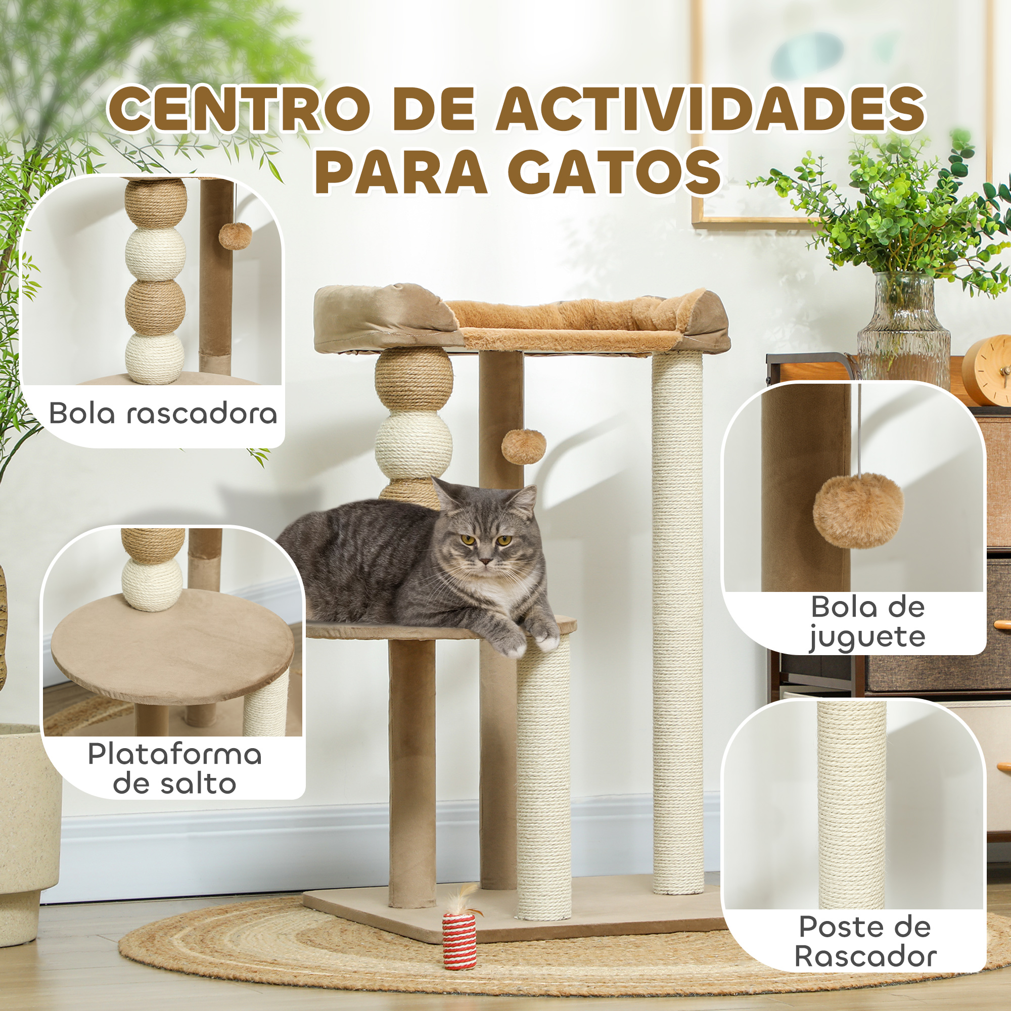 Un árbol para gatos con un gato encima. Tiene postes rascadores, plataformas y un juguete. Texto: 'Centro de actividades para gatos'.