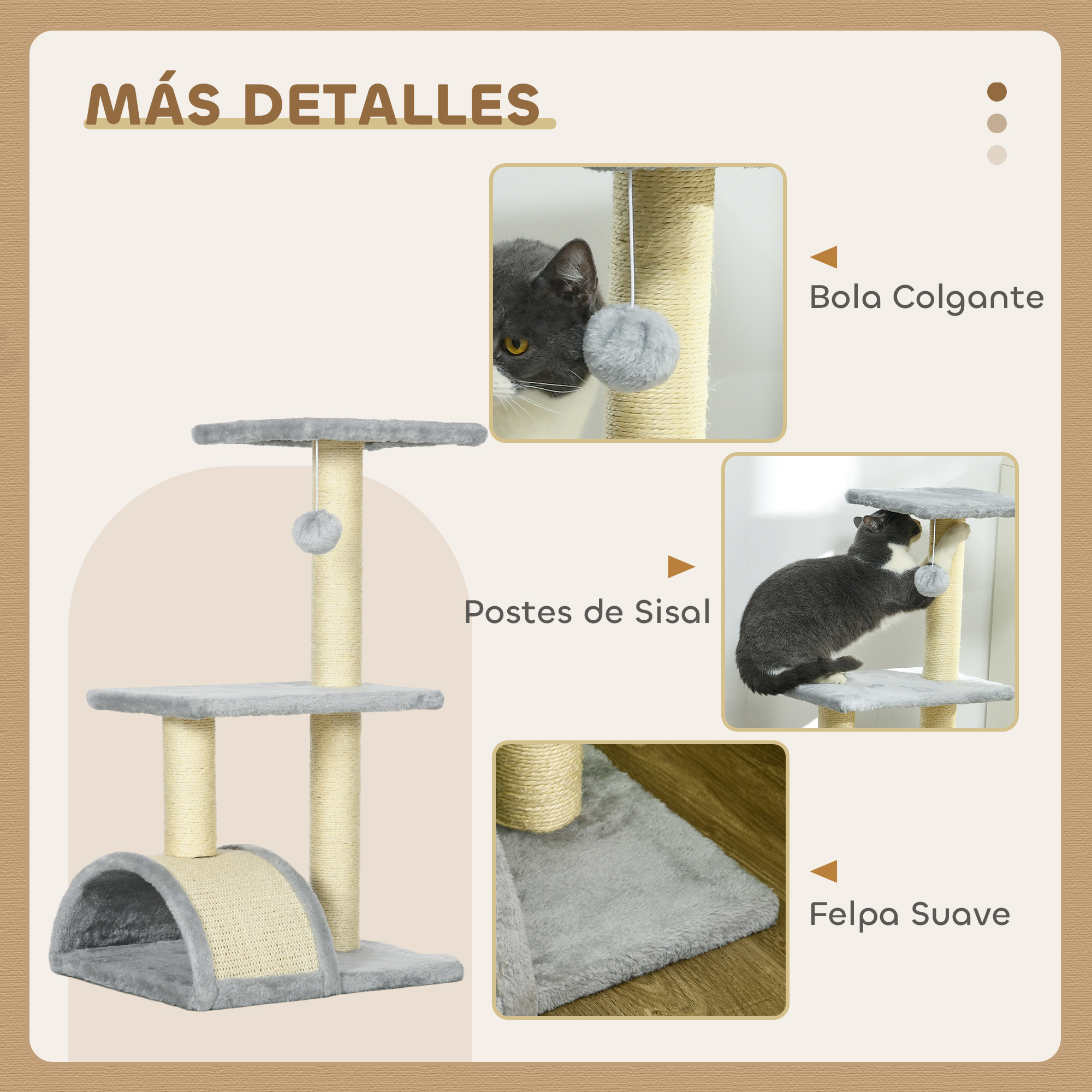 Un rascador para gatos con postes de sisal, plataformas grises y una base suave. Primeros planos muestran un gato interactuando con el árbol.