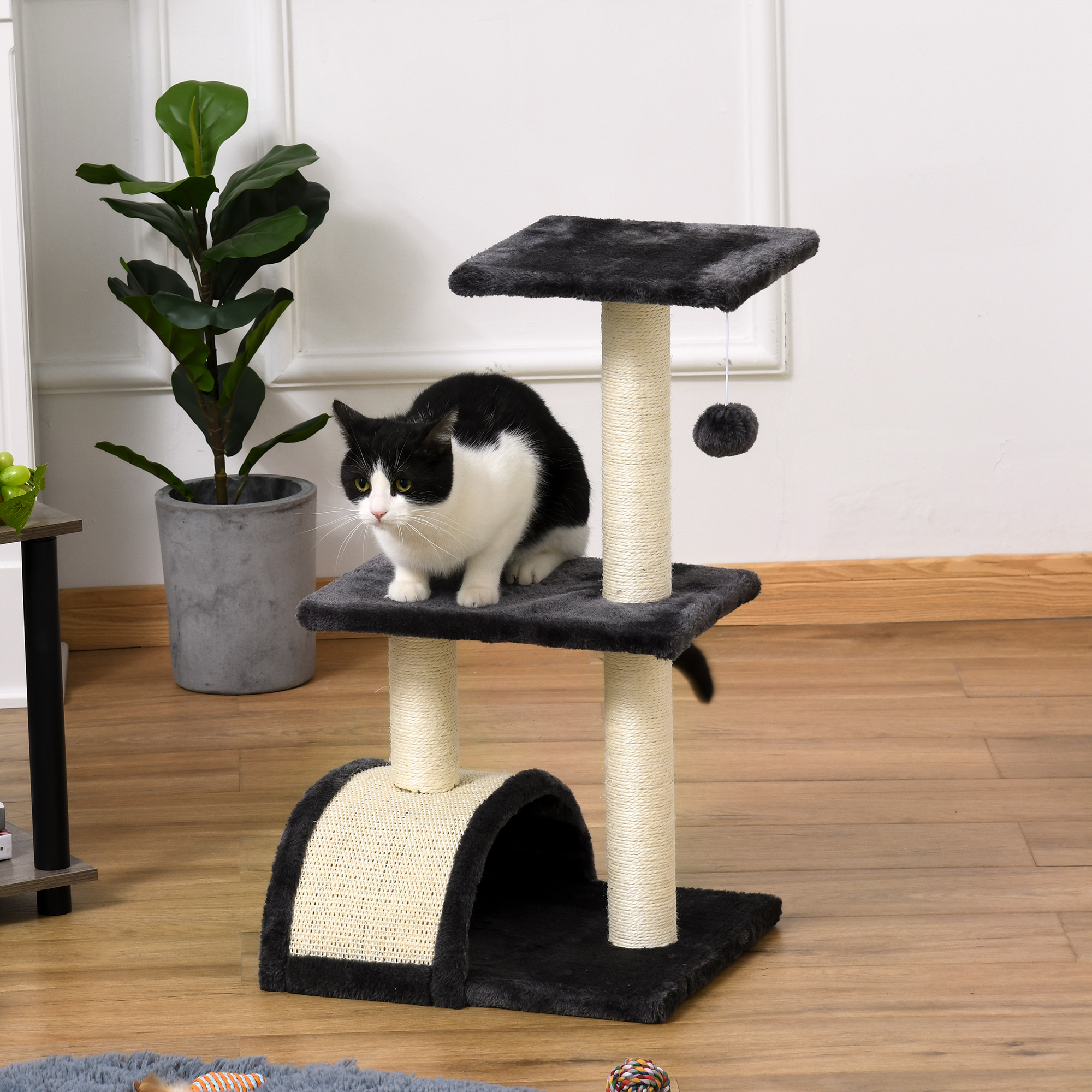 Un gato blanco y negro está sentado en un árbol para gatos. El árbol tiene plataformas, postes y un pequeño juguete colgante. Una planta está en el fondo.