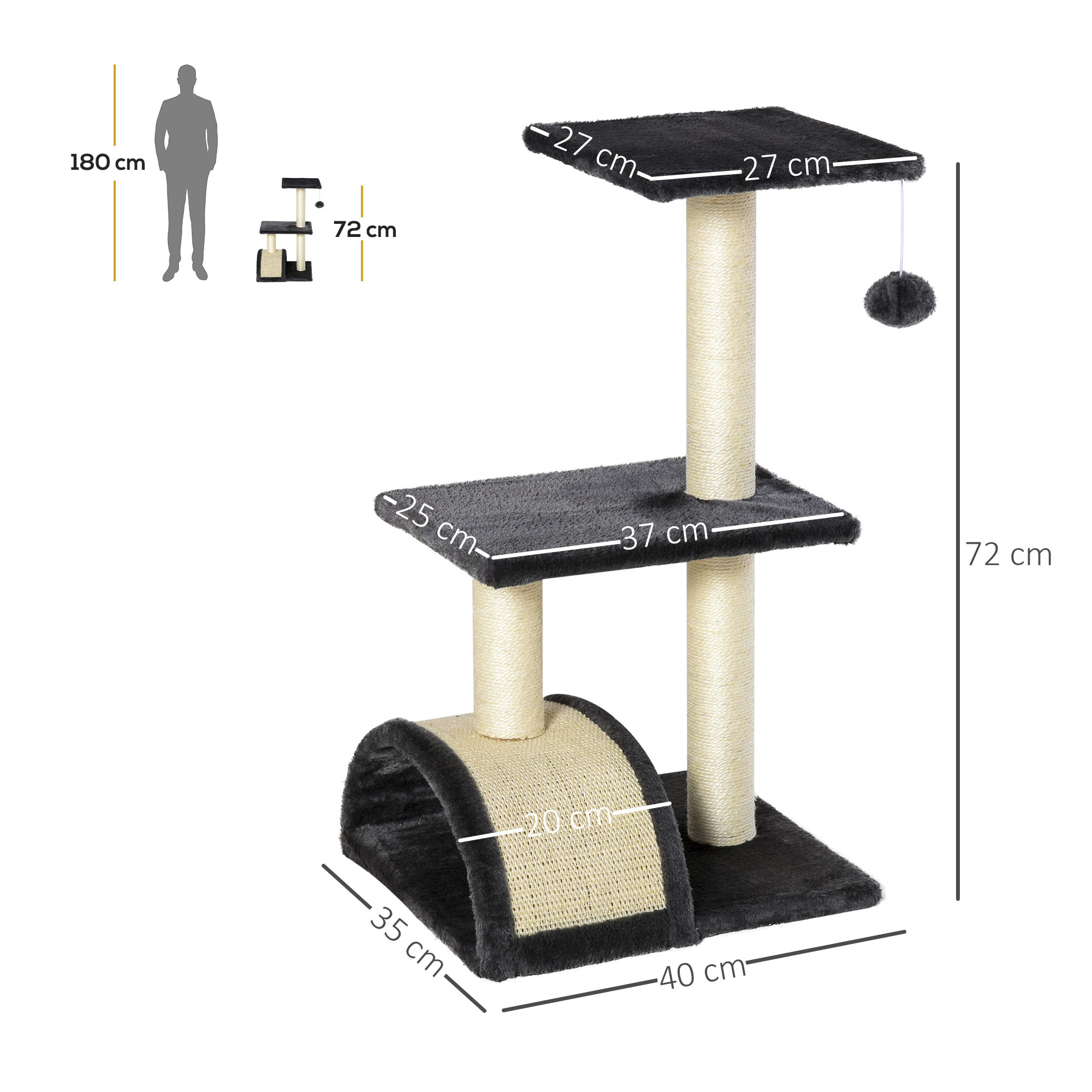 Un árbol para gatos con postes rascadores, plataformas y un túnel. Las dimensiones están etiquetadas. Un pequeño pompón cuelga de la plataforma superior.