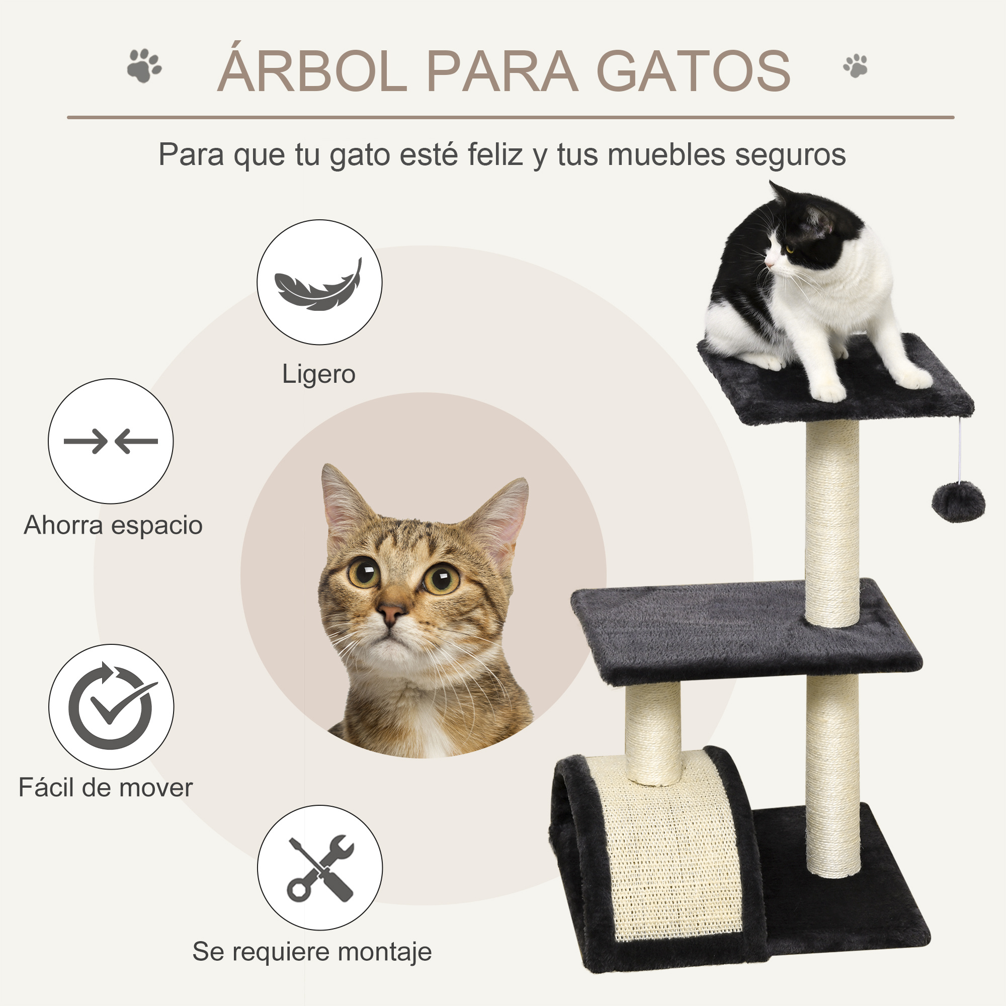 Árbol para gatos con un gato encima. Incluye rascador, plataformas y un juguete colgante. Texto en español.