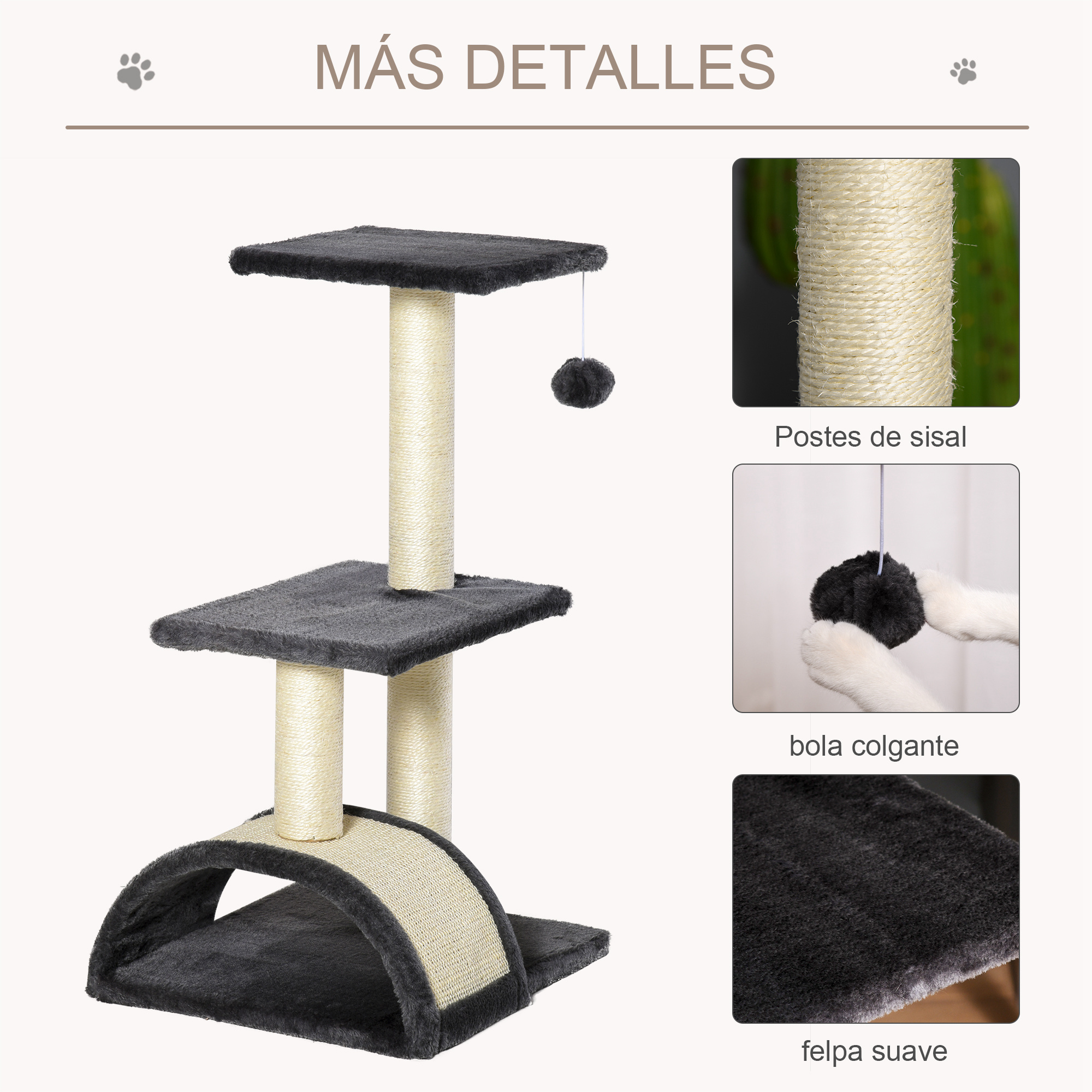 Un árbol para gatos con plataformas gris oscuro, postes de sisal y una bola colgante. La base tiene un túnel.