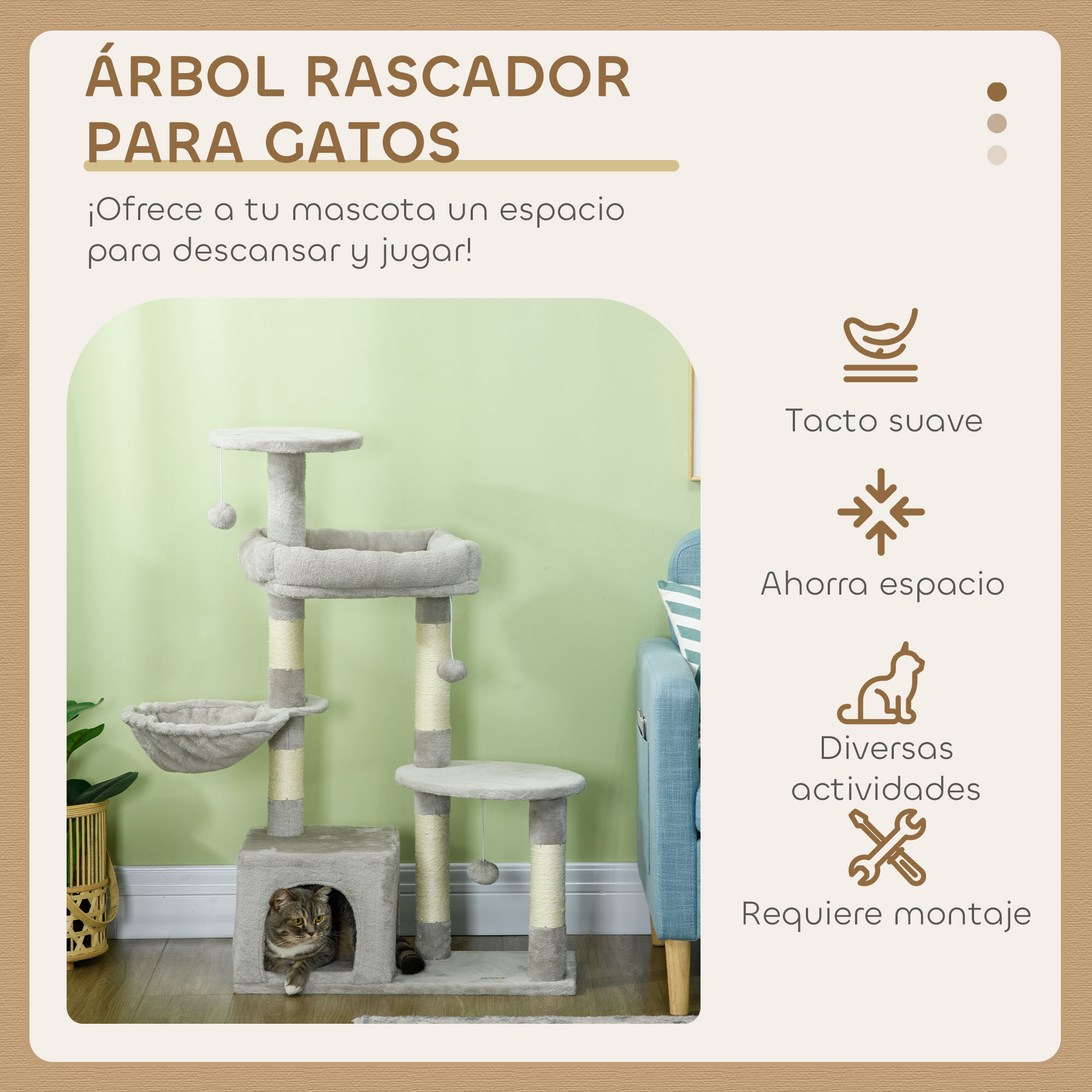 Árbol para gatos con plataformas, un gato dentro de un cubo y texto en español. El árbol es gris y beige.