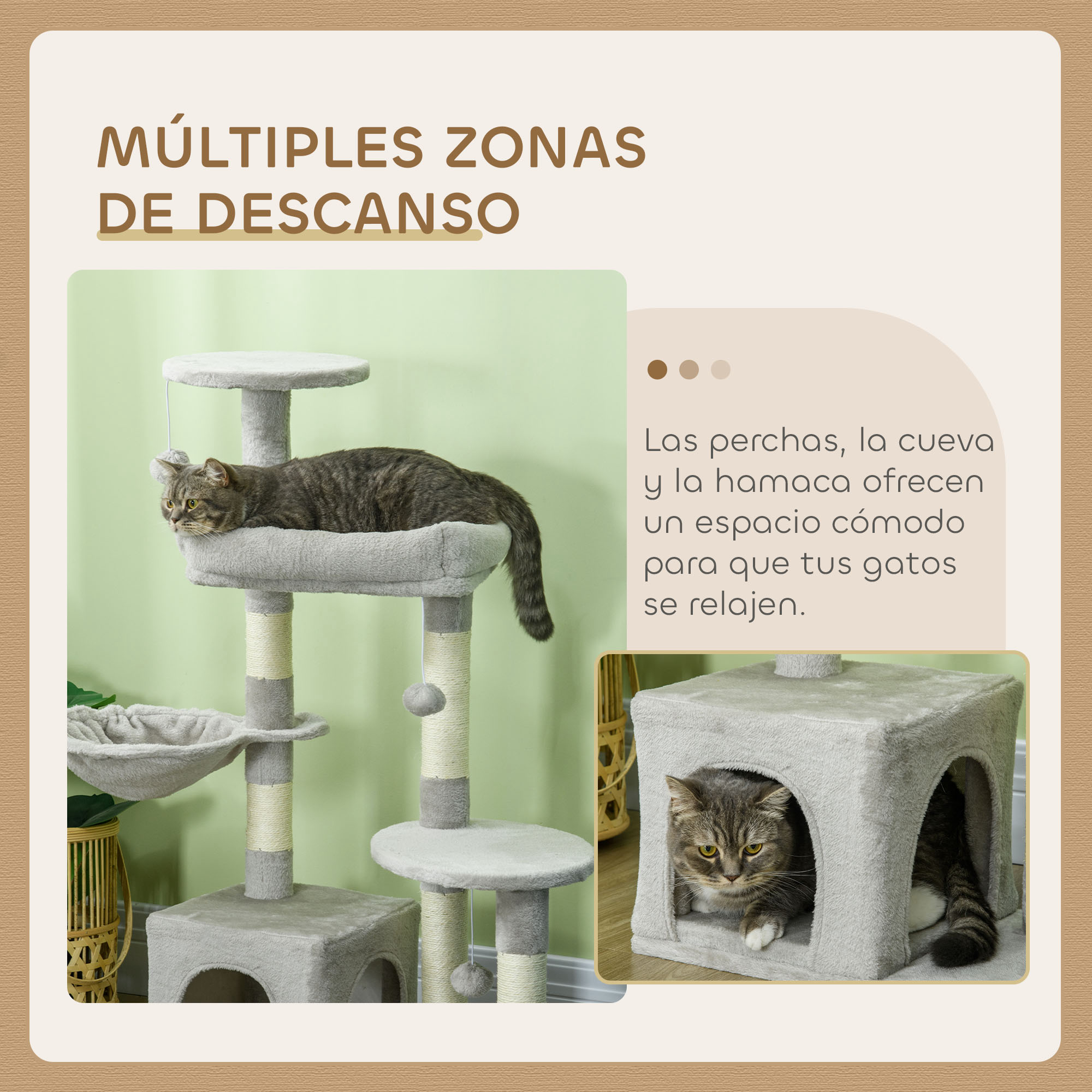 Un árbol para gatos con dos gatos. Uno descansa arriba, el otro en una cueva, ambos atigrados grises.