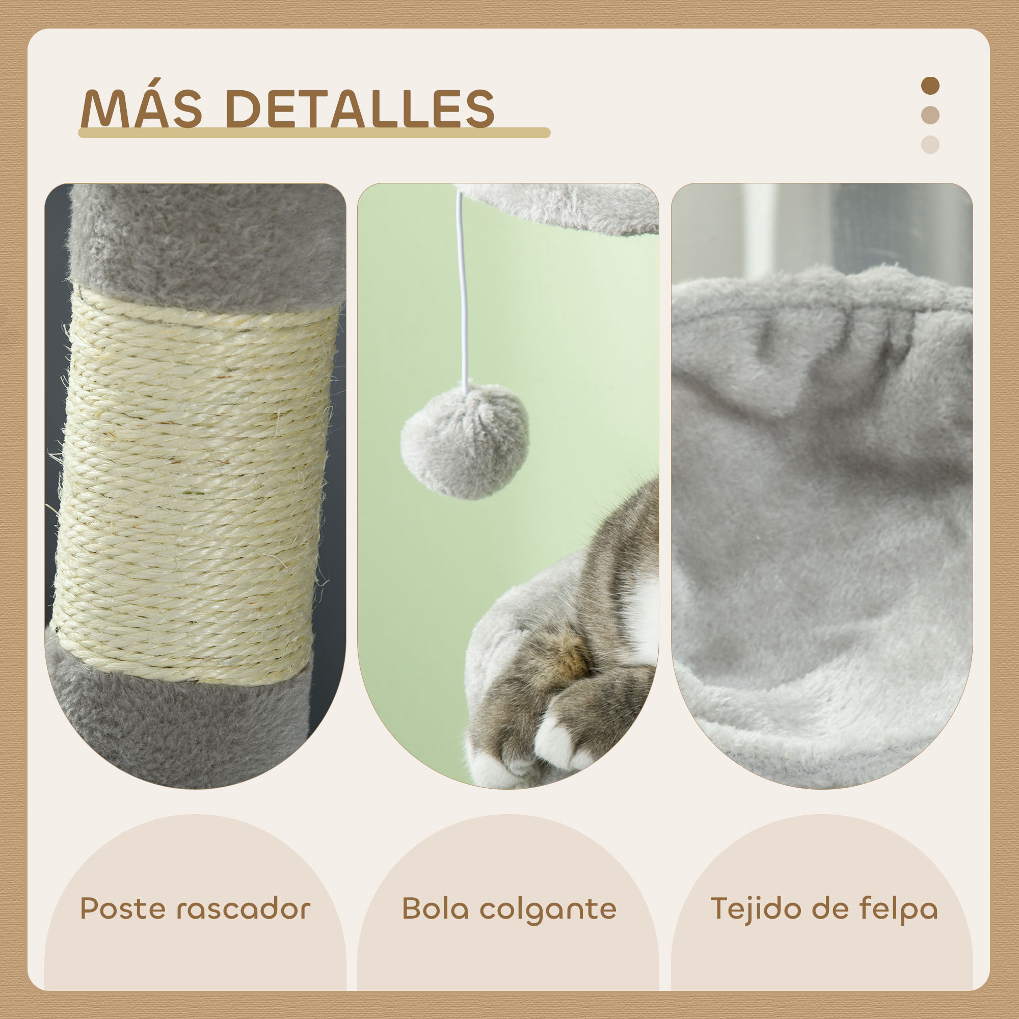 Primer plano de un rascador para gatos con detalles: cuerda de sisal, bola colgante y tela suave. Se muestran diferentes partes.