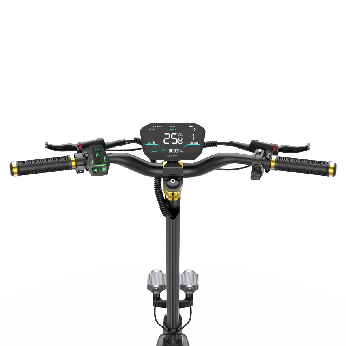 Zbliżenie na kierownicę hulajnogi elektrycznej. Wyświetla prędkość 25 km/h. Czarna rama ze złotymi akcentami. Wyświetlacz cyfrowy.