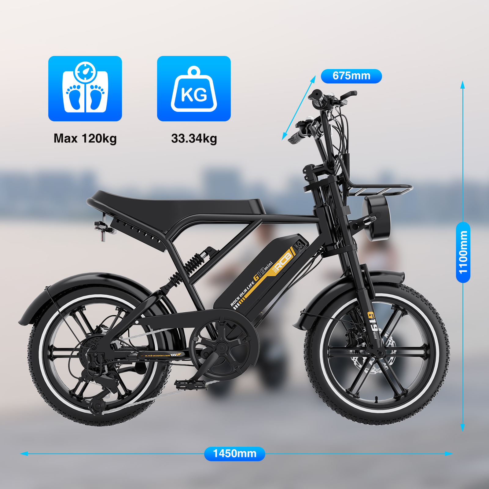 Schwarzes Elektrofahrrad mit angegebenen Abmessungen. Max. Gewicht 120 kg, Fahrradgewicht 33,34 kg. Maße: 1450 mm, 1100 mm, 675 mm.