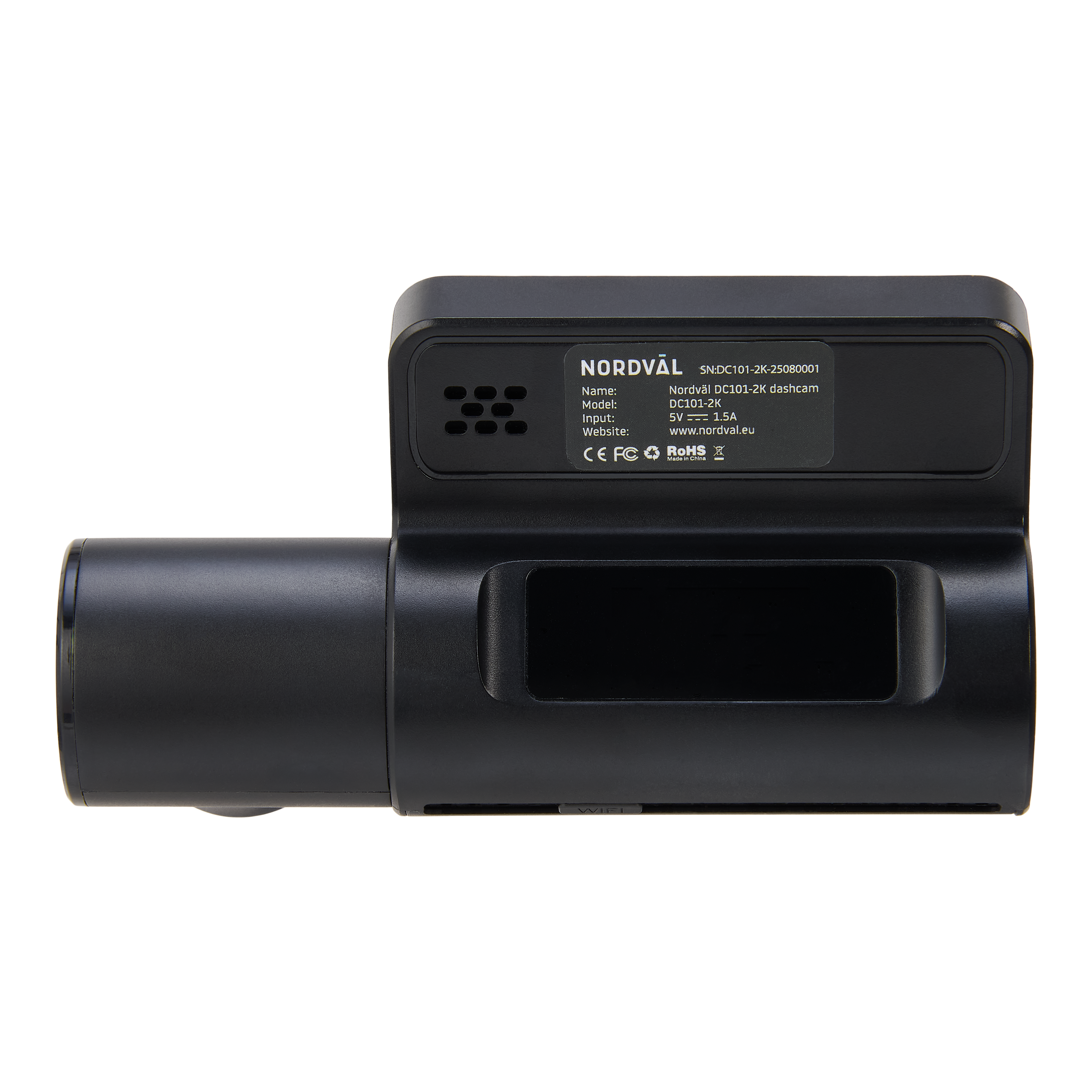 Black Nordväl DC101-2K dashcam. It has a screen, a lens, and branding. The background is black.