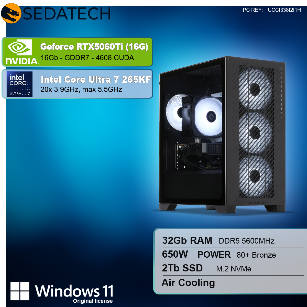 Wyświetlany jest obudowa komputera ze szklanym bokiem i białymi wentylatorami. Specyfikacje obejmują kartę graficzną Nvidia, procesor Intel i Windows 11.
