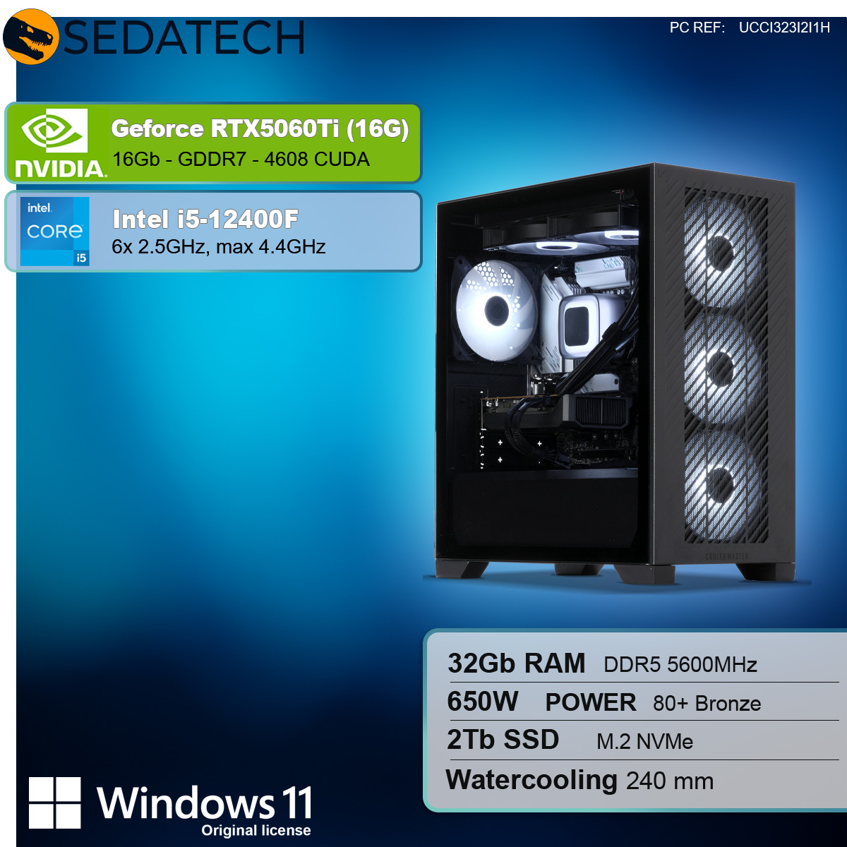 Wyświetlany jest komputer stacjonarny z komponentami wewnętrznymi. Tekst przedstawia specyfikacje: Geforce RTX5060Ti, Intel i5, 32 GB RAM, 2 TB SSD i Windows 11.