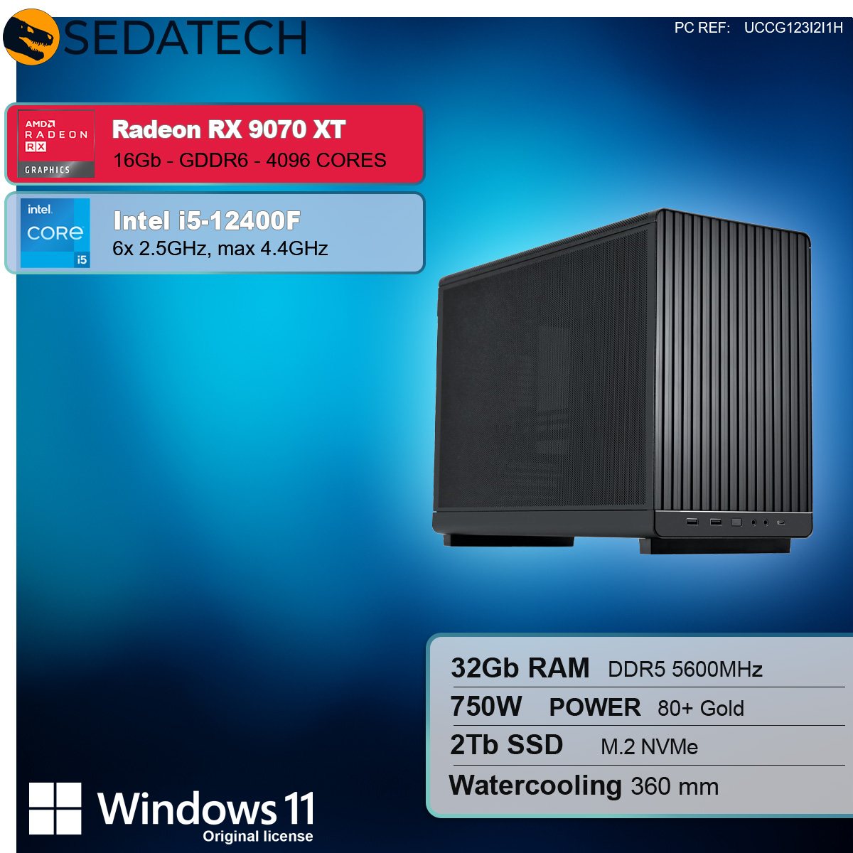 Ein Computergehäuse mit Komponenten wie Radeon RX 9070 XT, Intel i5, 32Gb RAM, 750W, 2Tb SSD und Windows 11.